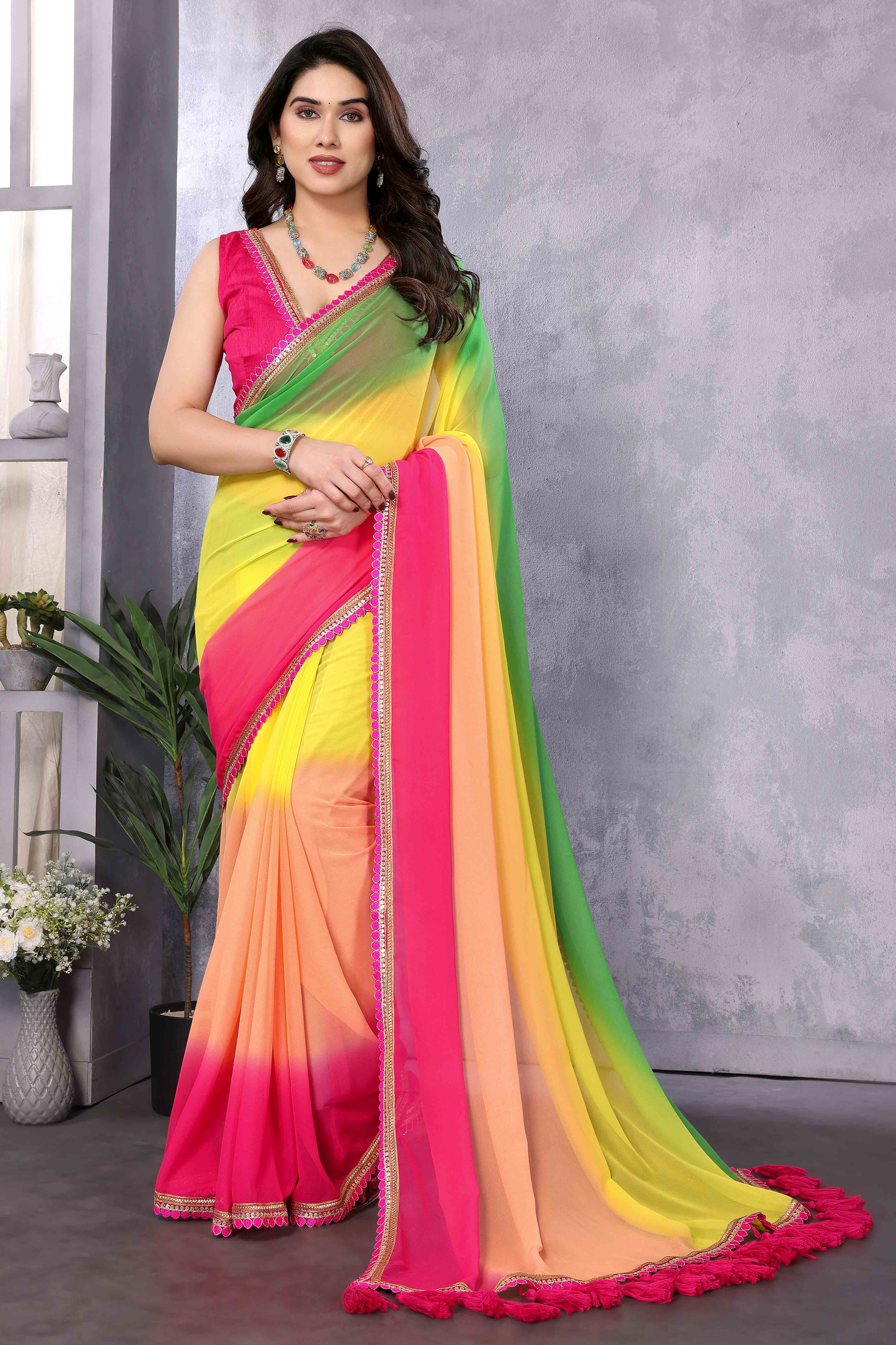 Multicolor Ombre Georgette Saree With Tassels