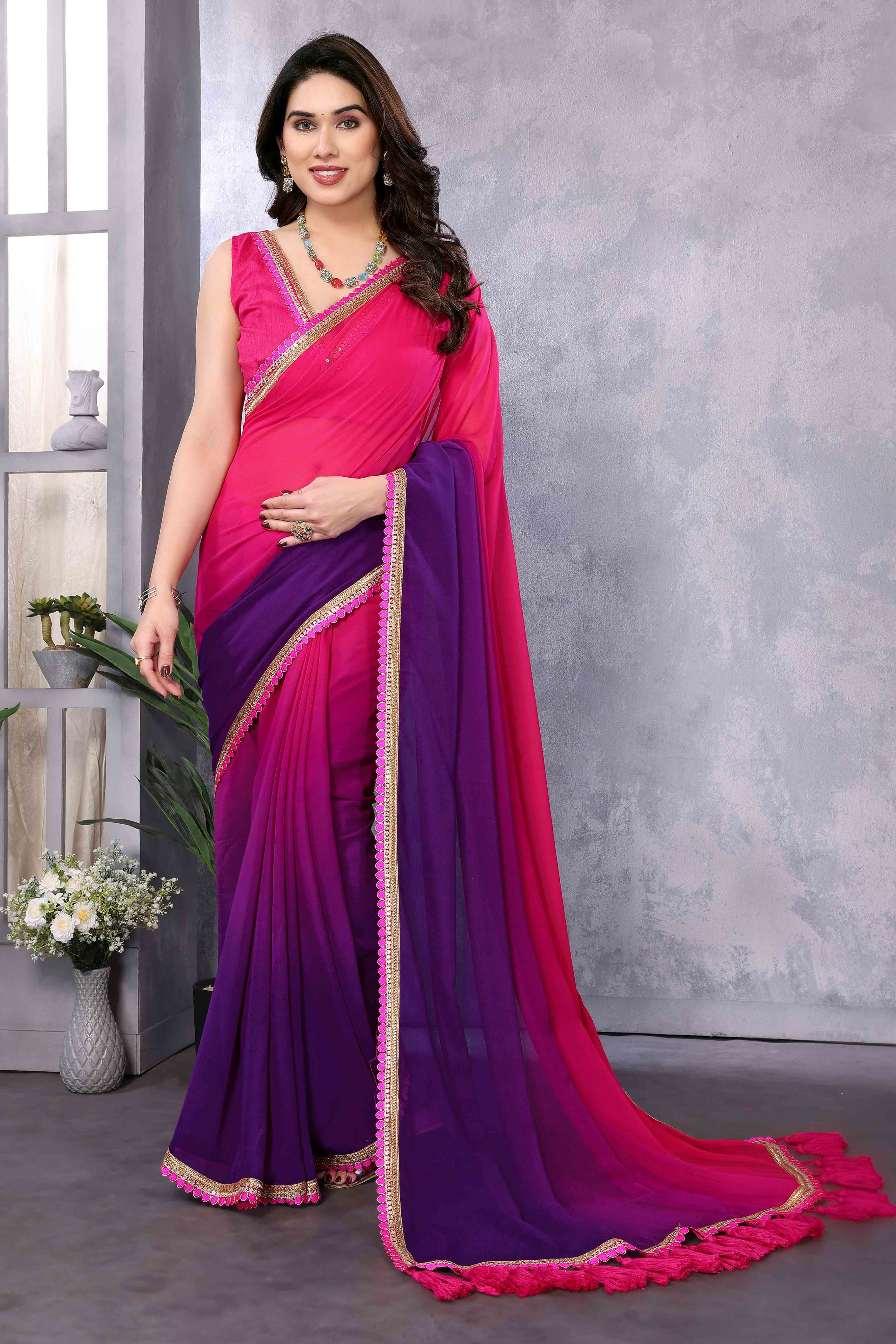 Pink & Purple Ombre Georgette Saree With Tassels