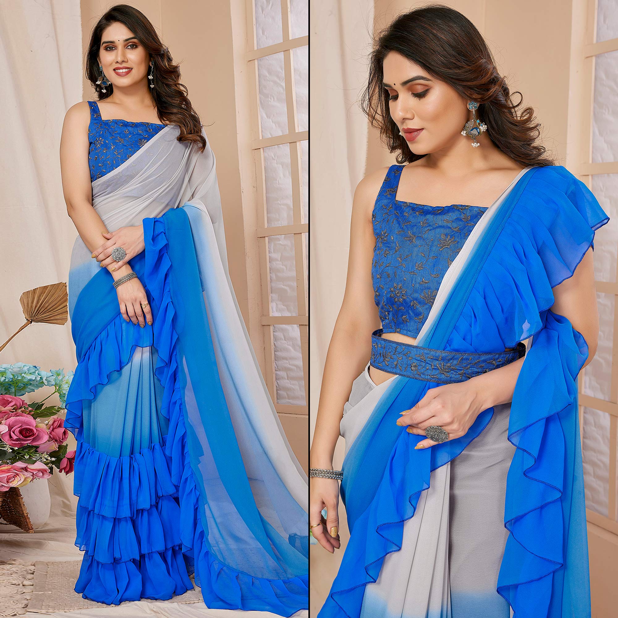 Blue Ombre Printed Georgette Ruffle Saree With Embroidered Belt
