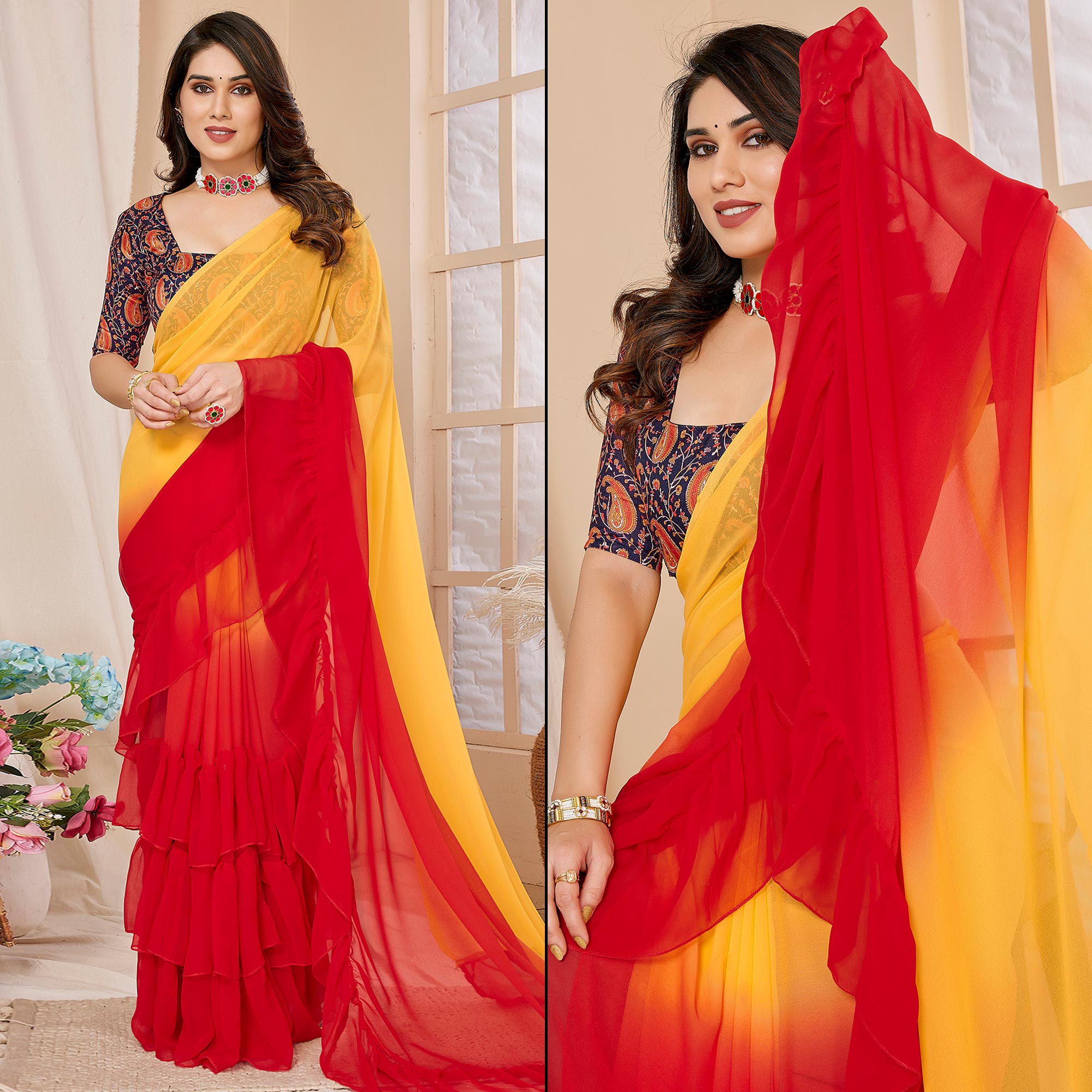 Red & Yellow Ombre Printed Georgette Ruffle Saree
