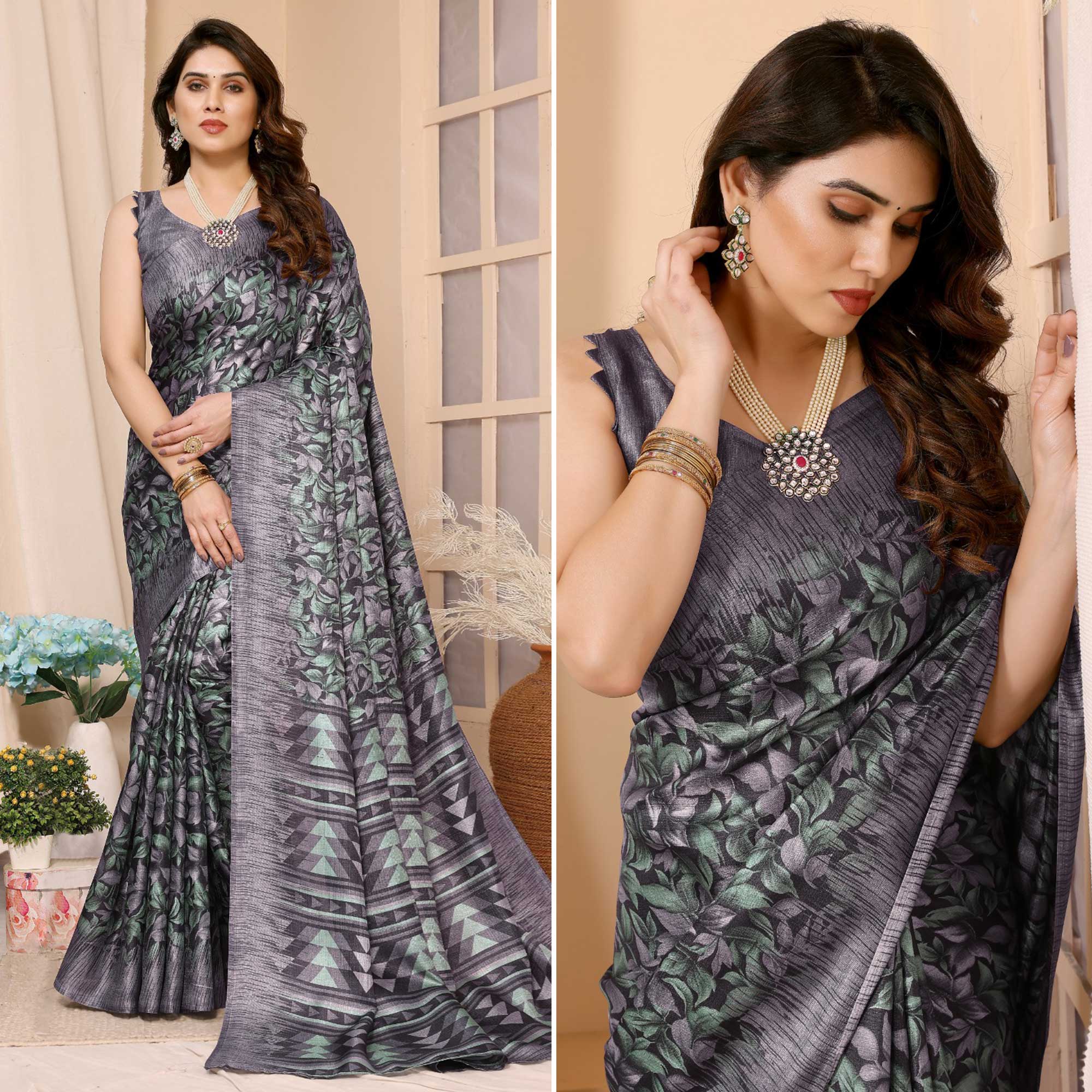 Grey Floral Printed Khaadi Saree