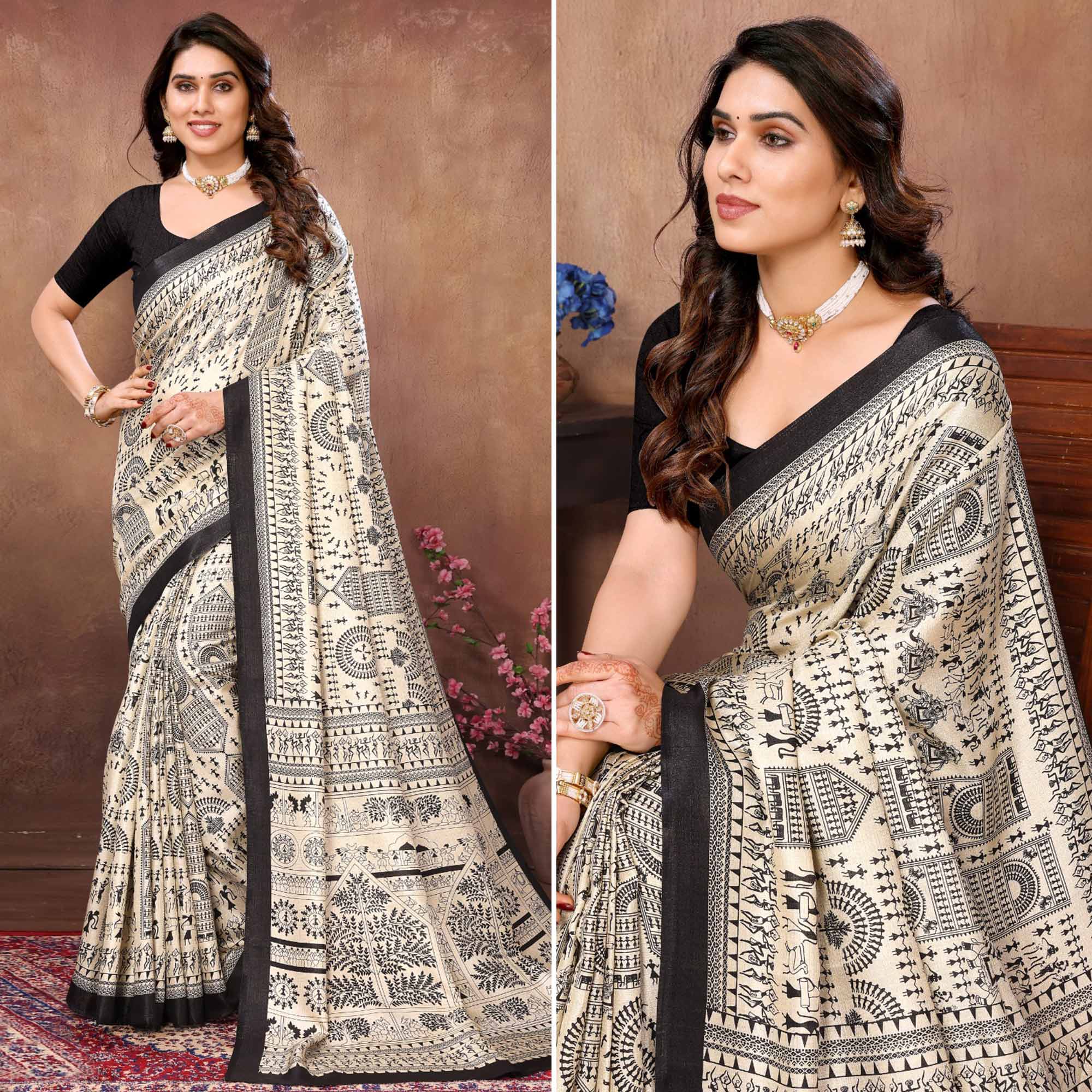 Off White & Black Warli Printed Khaadi Saree