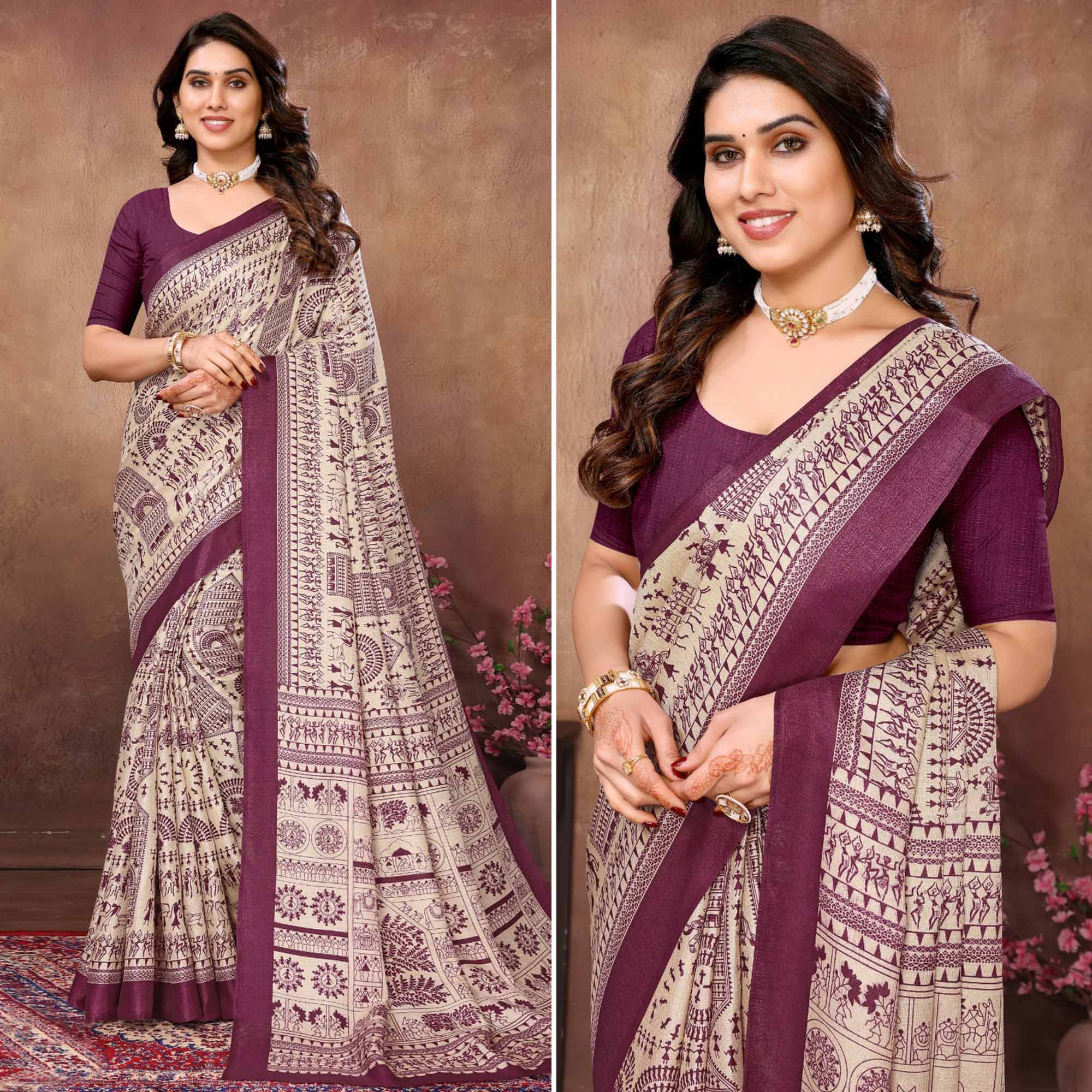 Off White & Purple Warli Printed Khaadi Saree