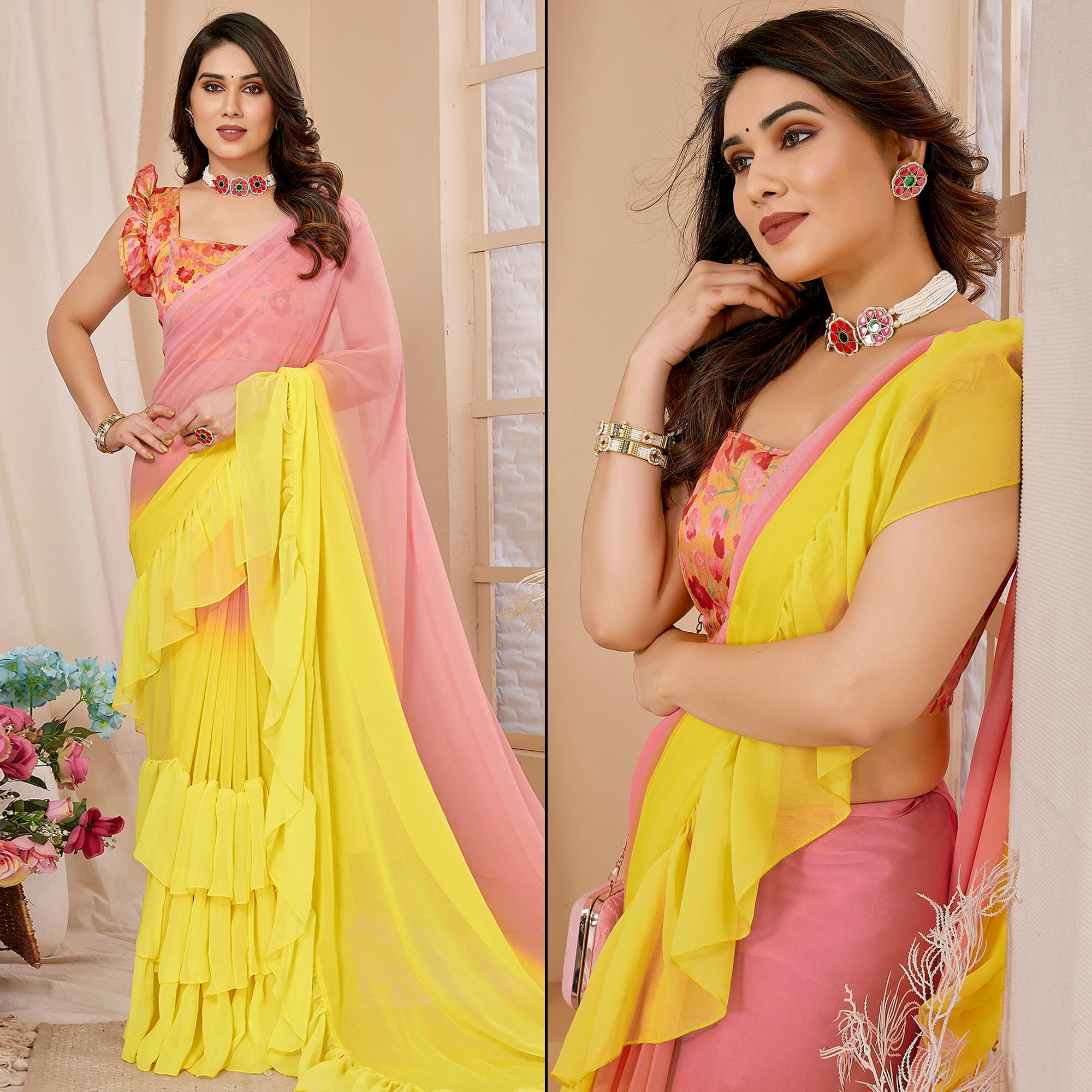 Yellow & Pink Ombre Printed Georgette Ruffle Saree