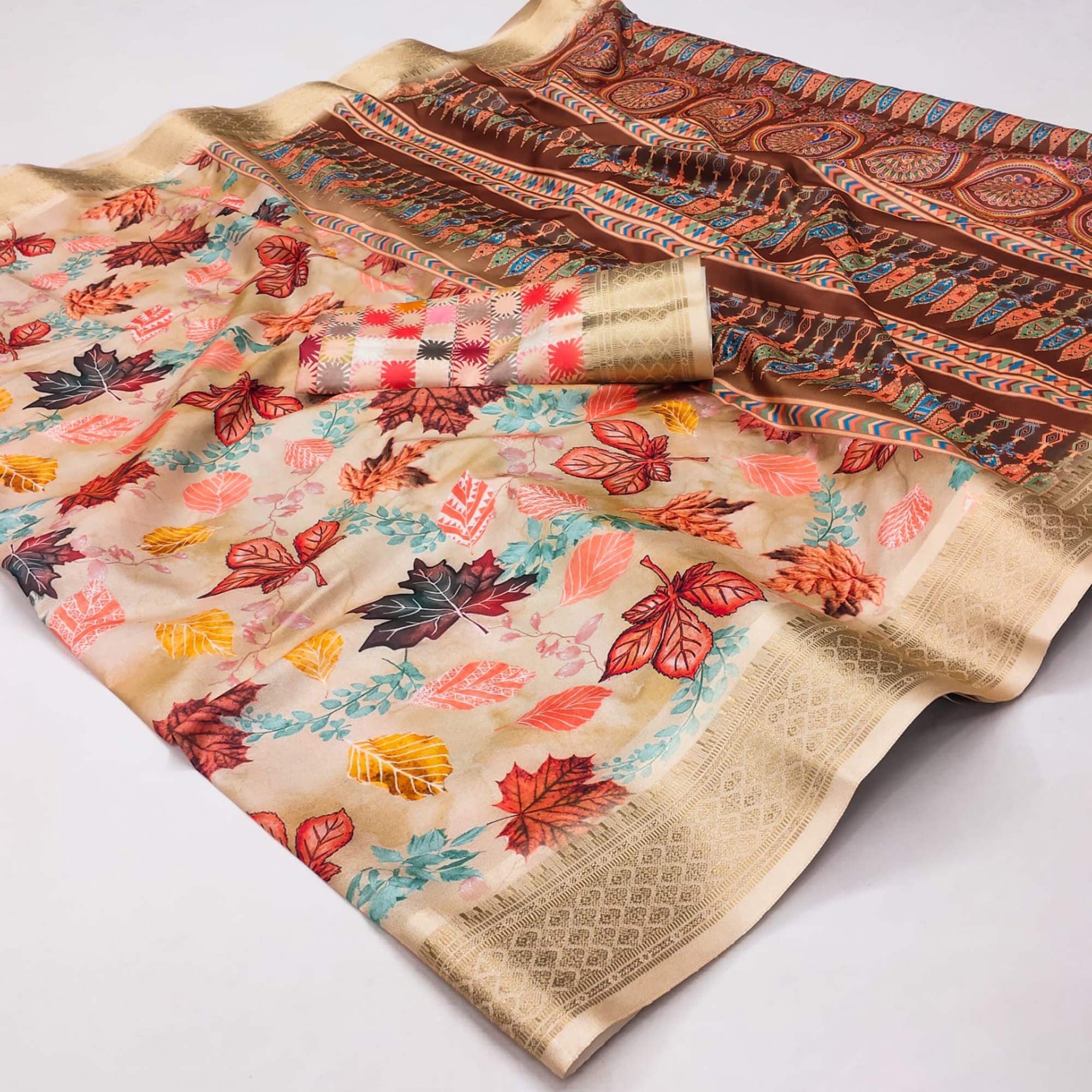 Chikoo Digital Printed Cotton Silk Saree With Jacquard Border