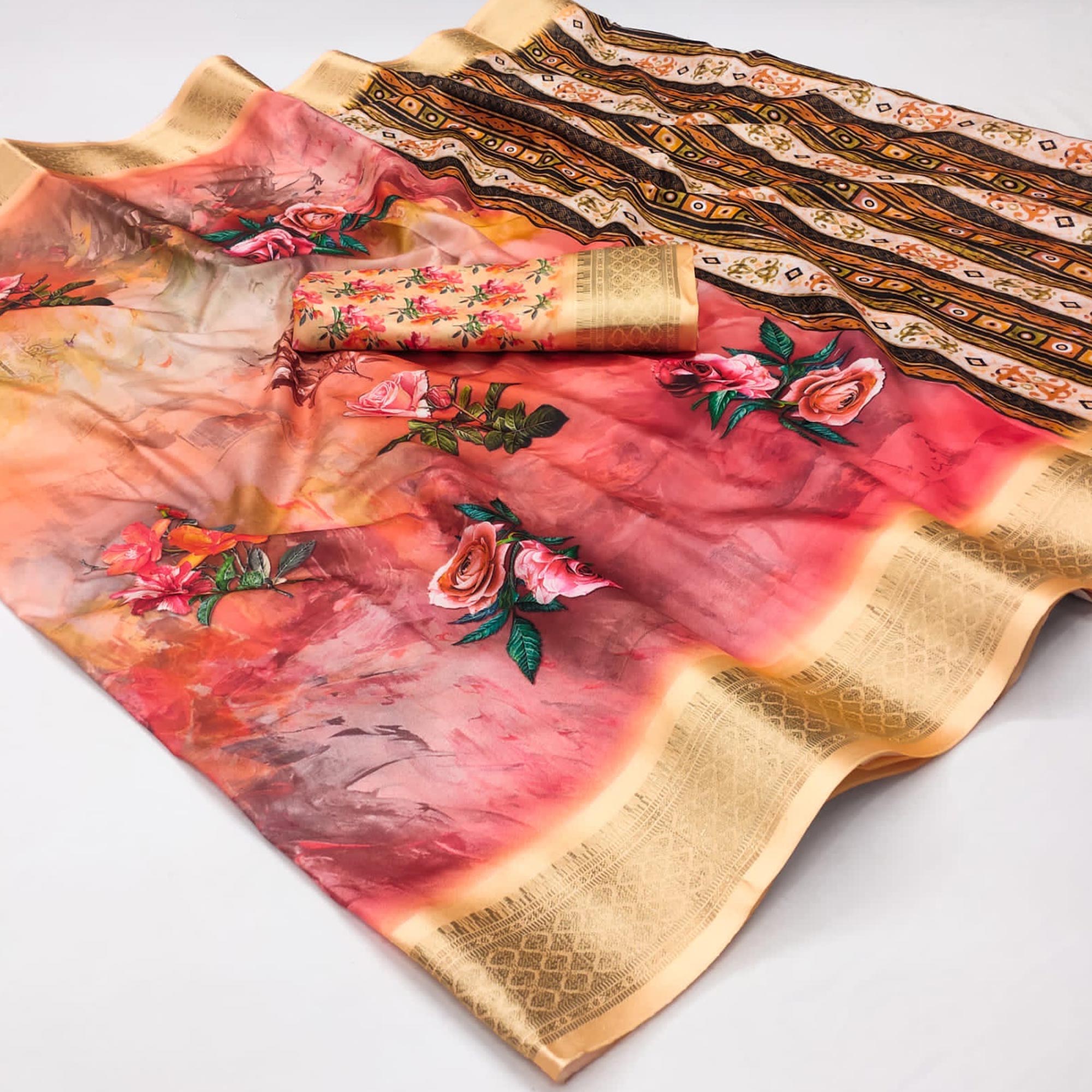 Cream & Peach Digital Printed Cotton Silk Saree With Jacquard Border