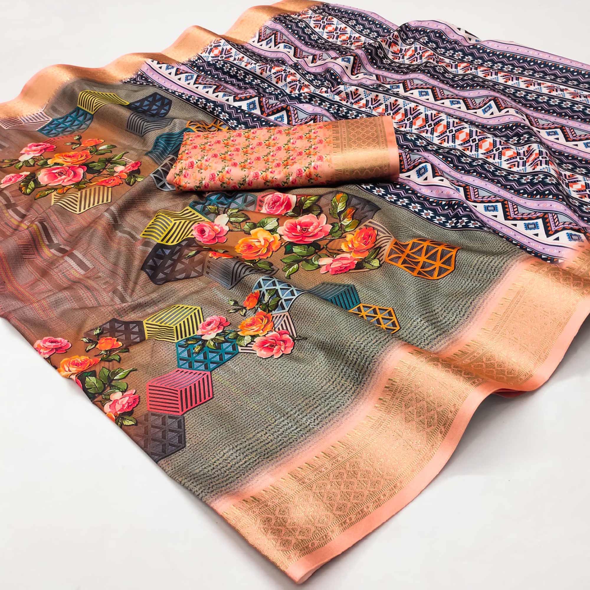 Green & Peach Digital Printed Cotton Silk Saree With Jacquard Border