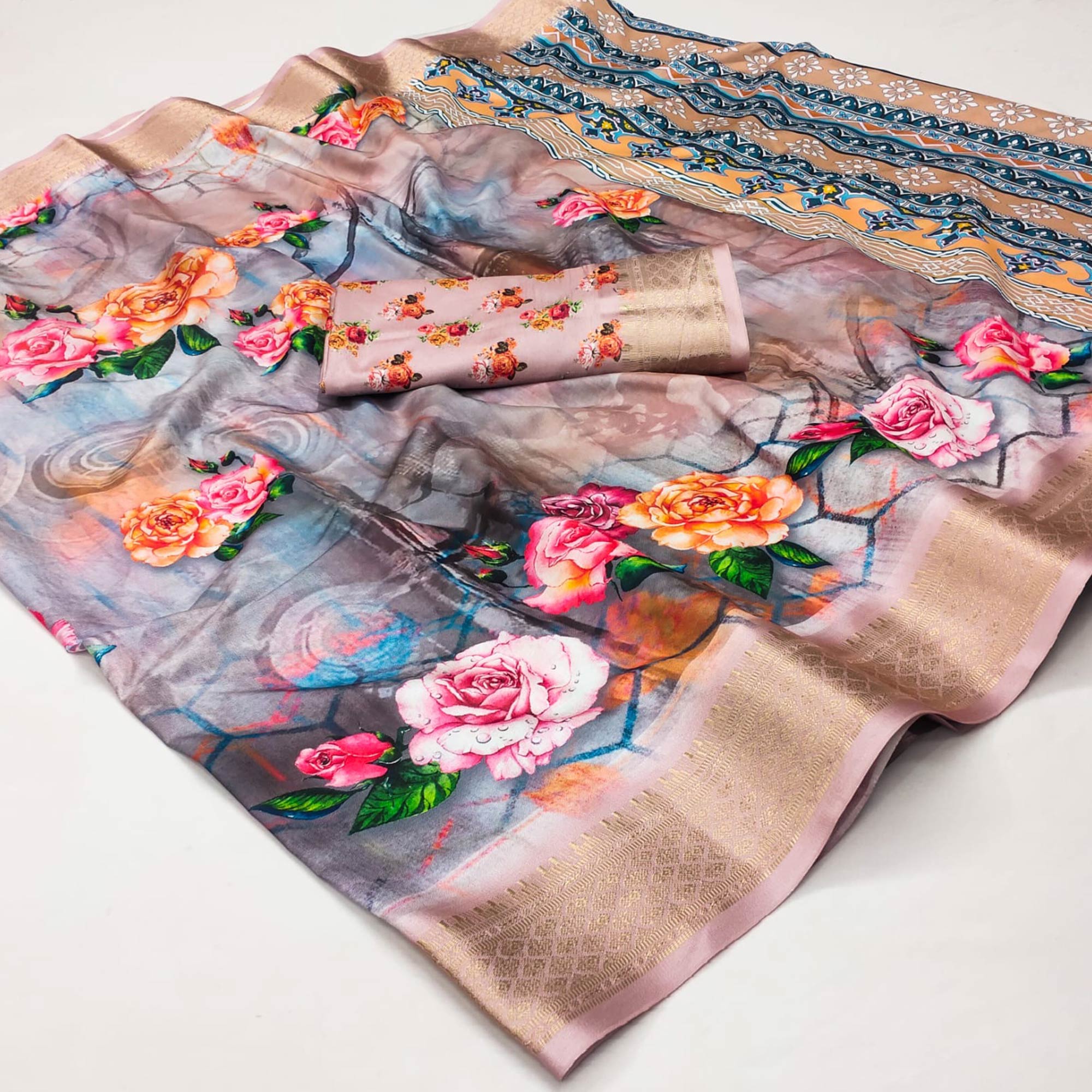 Lavender & Grey Digital Printed Cotton Silk Saree With Jacquard Border