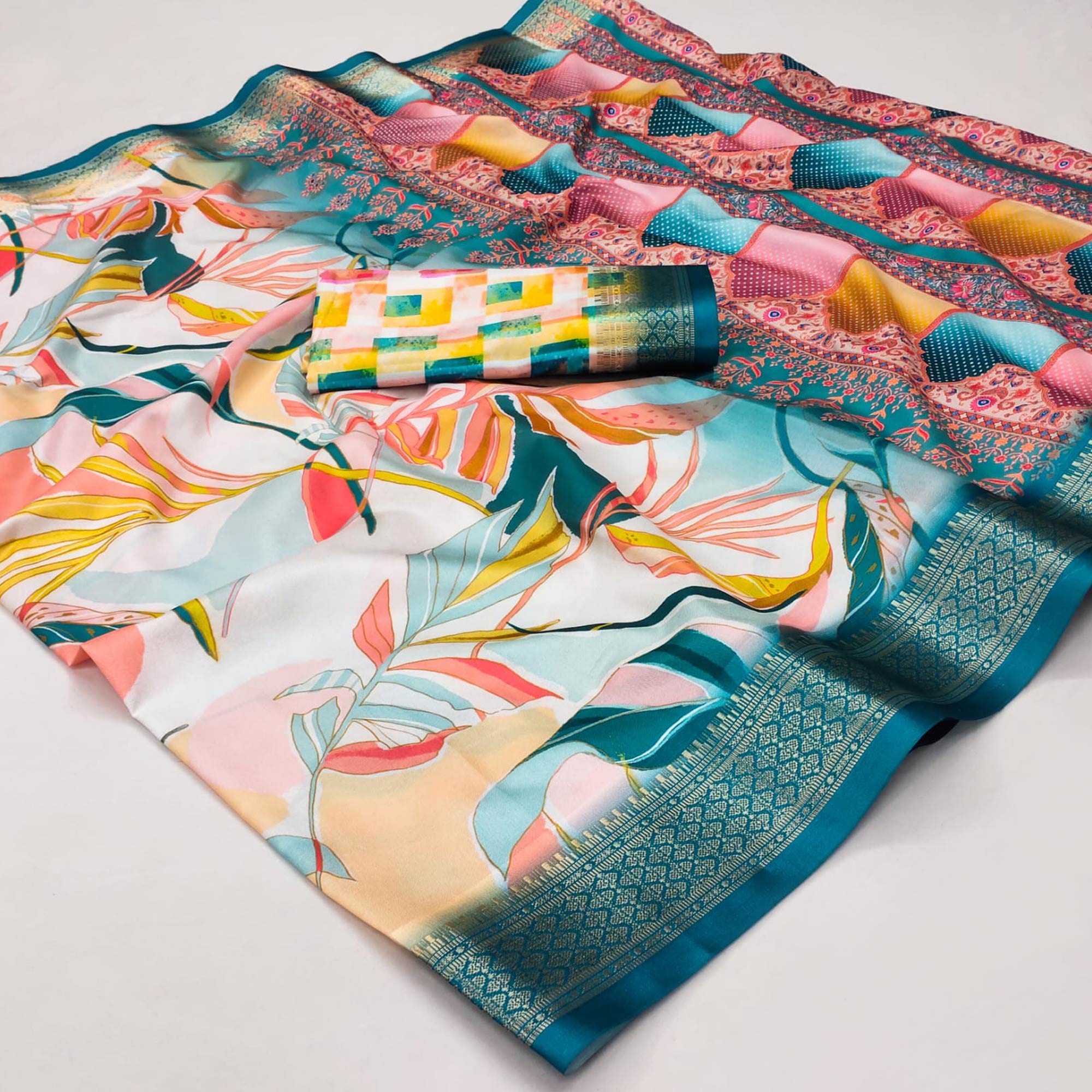 Multicolor Digital Printed Cotton Silk Saree With Jacquard Border