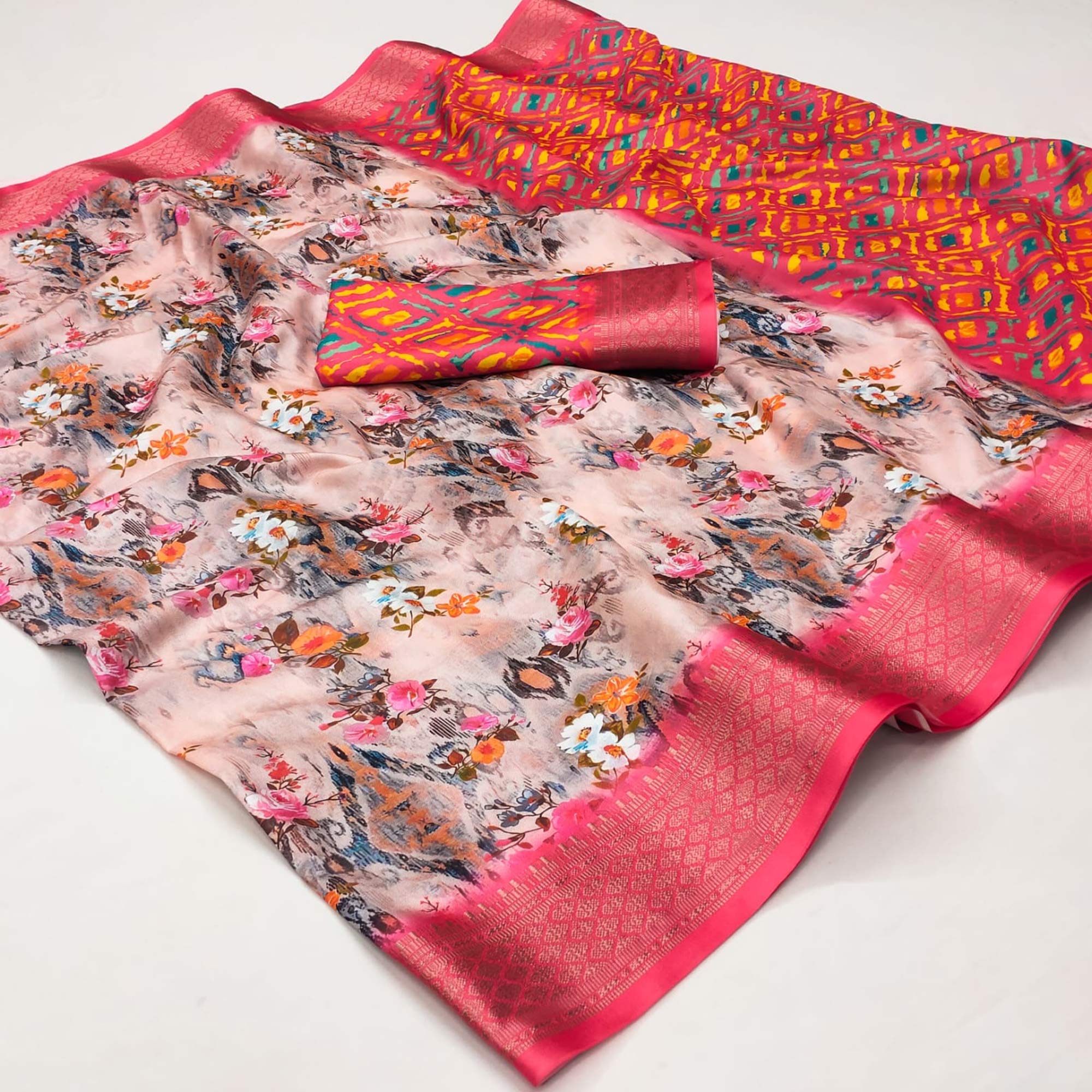 Pink Digital Printed Cotton Silk Saree With Jacquard Border