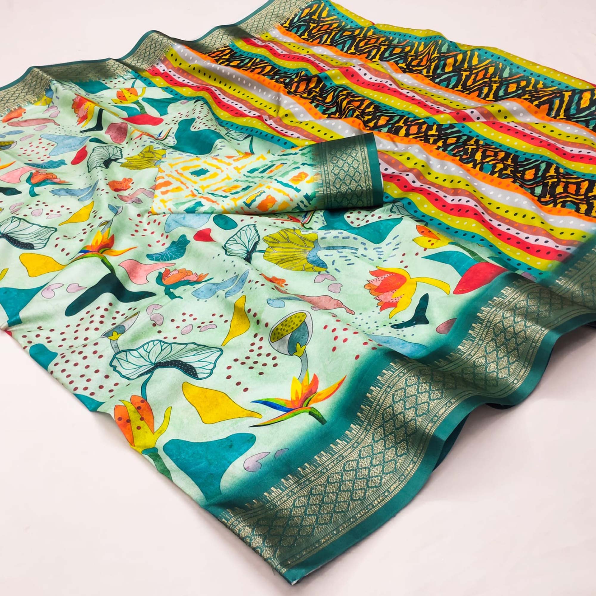 Rama Blue Digital Printed Cotton Silk Saree With Jacquard Border
