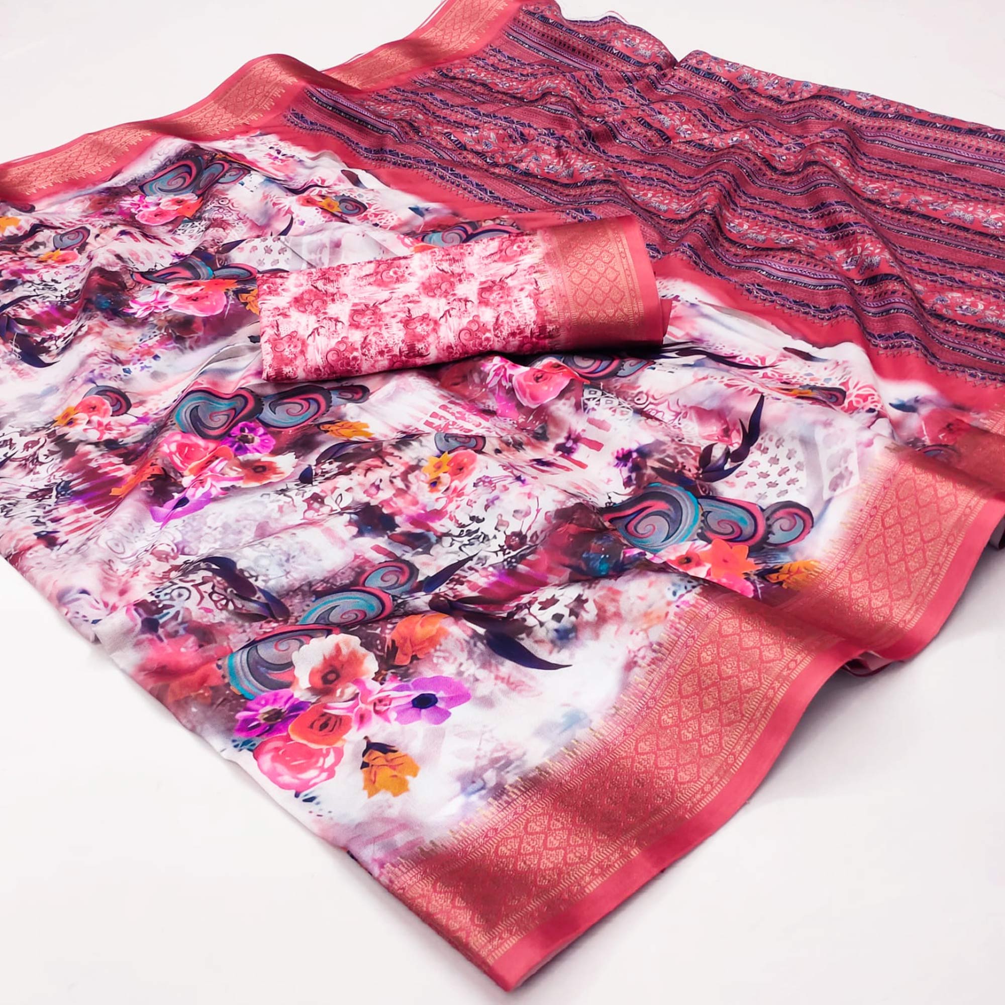 Red Digital Printed Cotton Silk Saree With Jacquard Border