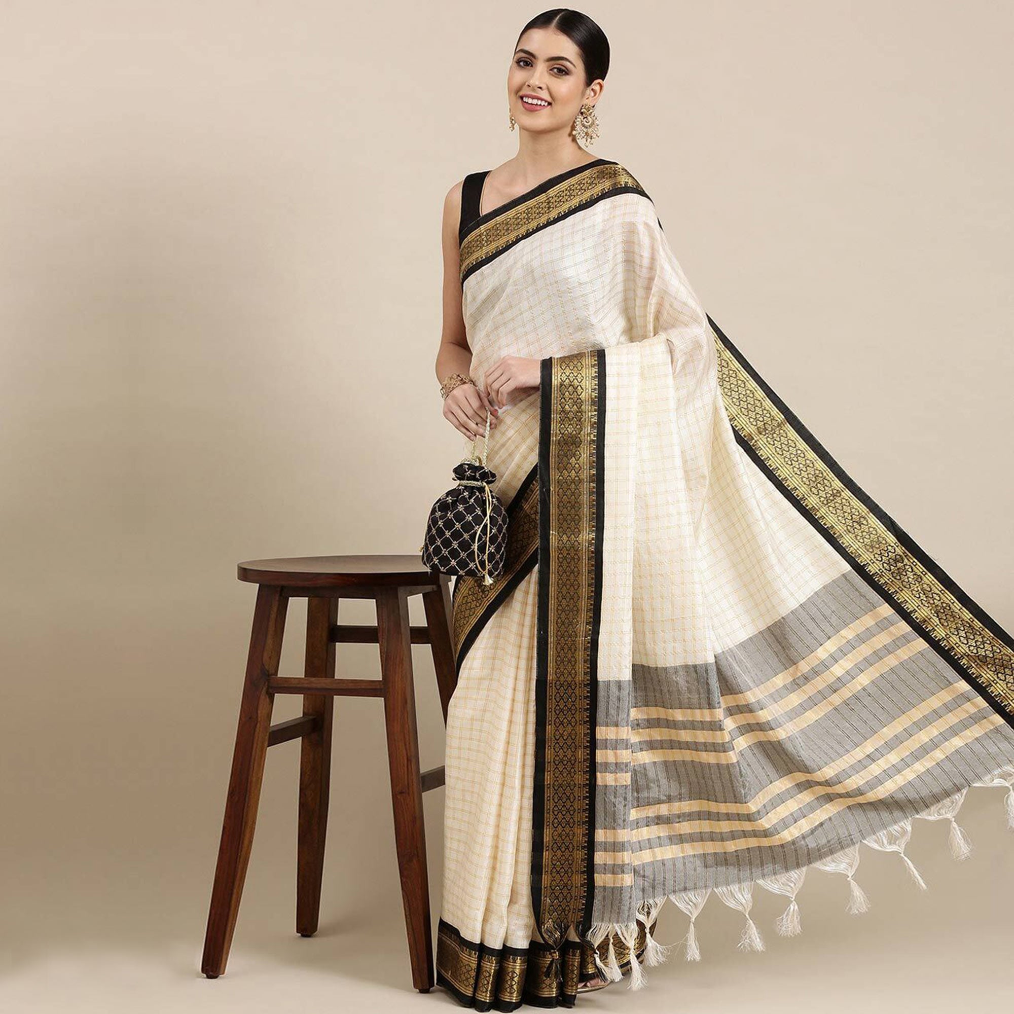 White & Black Checks With Woven Border Cotton Silk Saree