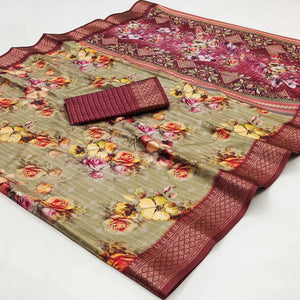Chikoo Floral Digital Printed Cotton Silk Saree With Woven Border