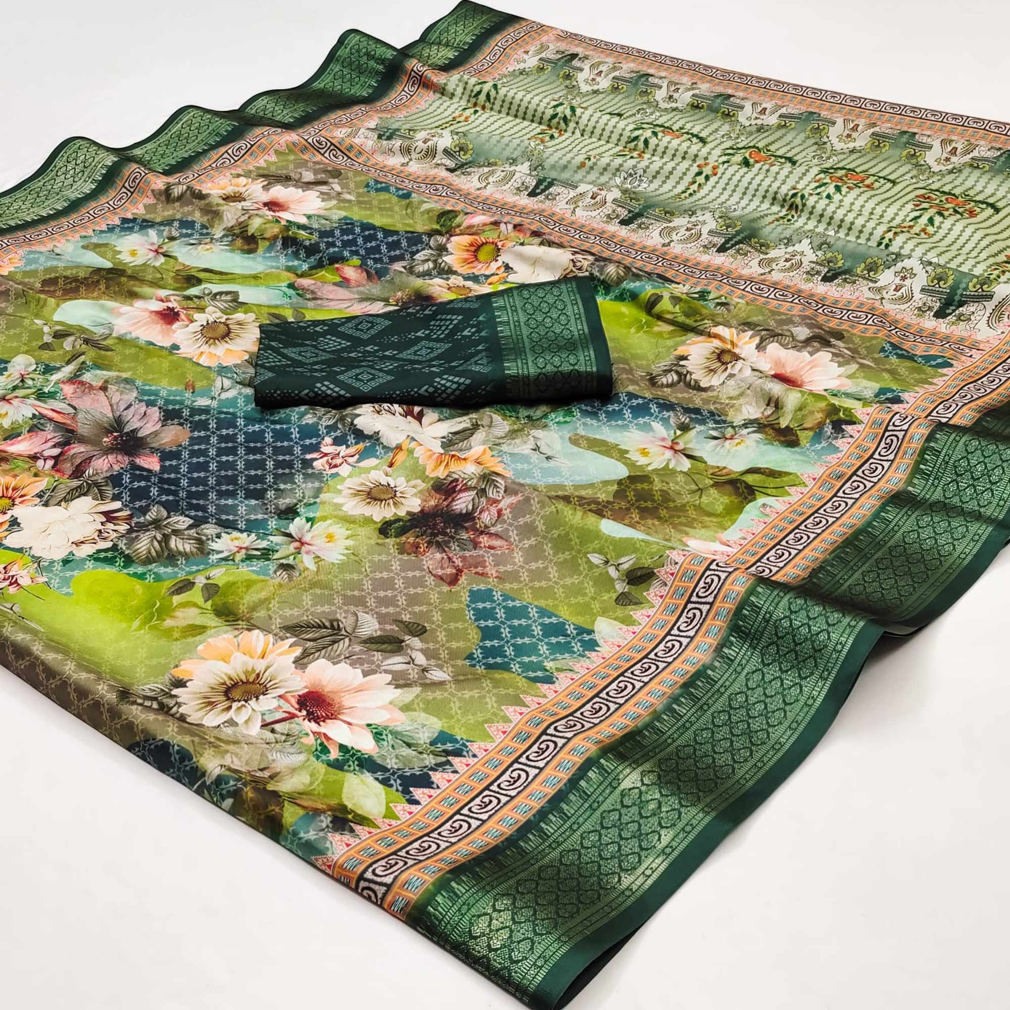 Green Floral Digital Printed Cotton Silk Saree With Woven Border