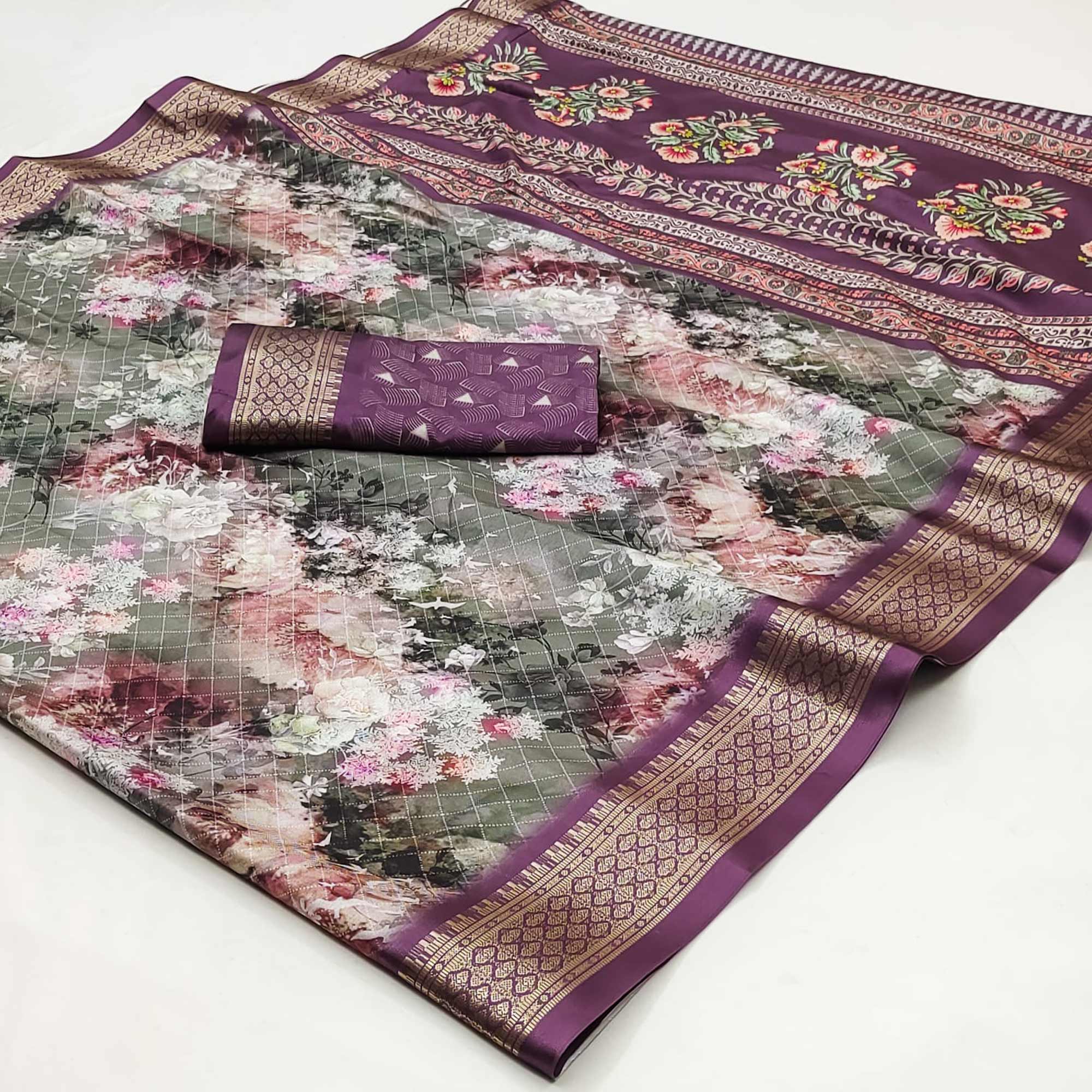 Grey Floral Digital Printed Cotton Silk Saree With Woven Border