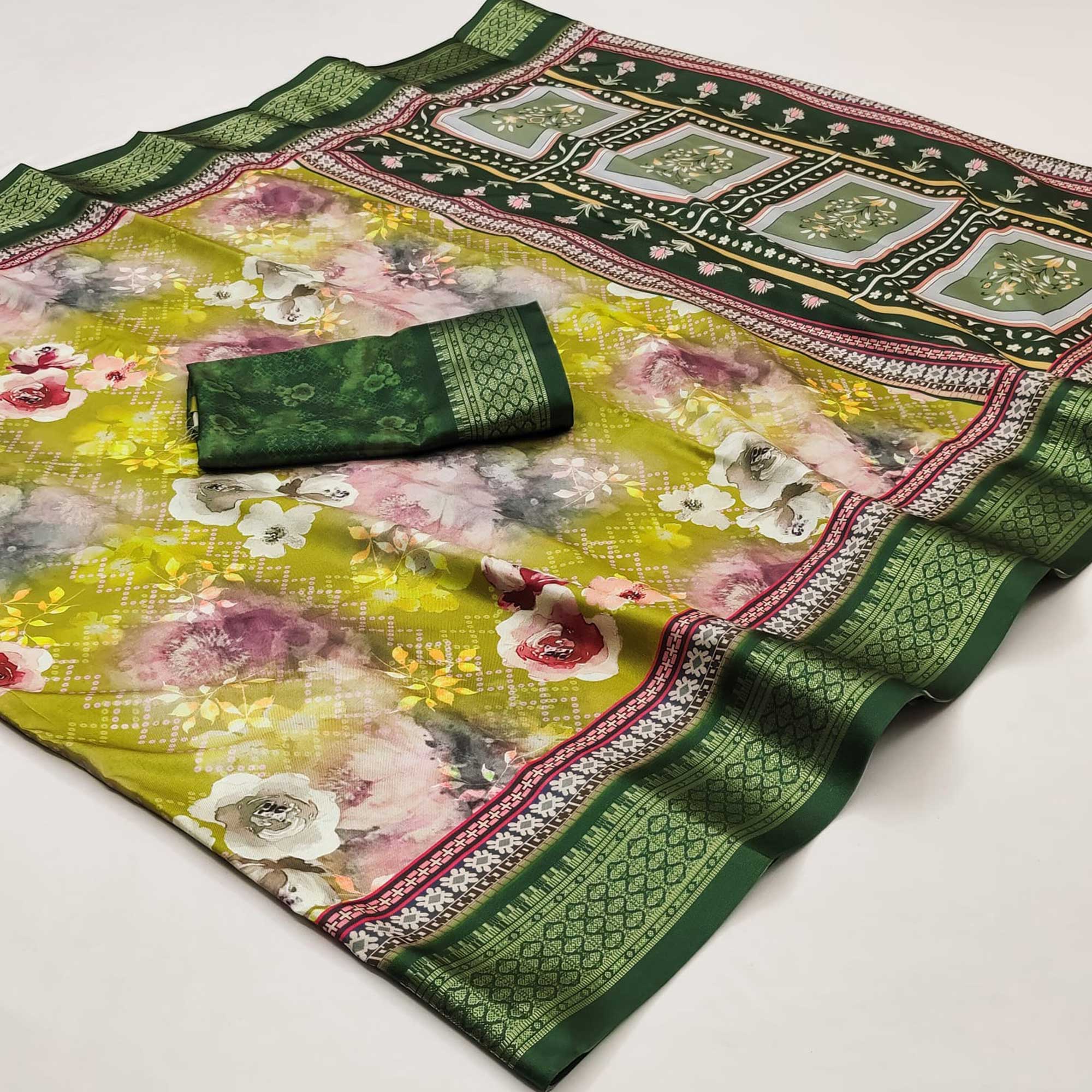 Olive Green Floral Digital Printed Cotton Silk Saree With Woven Border