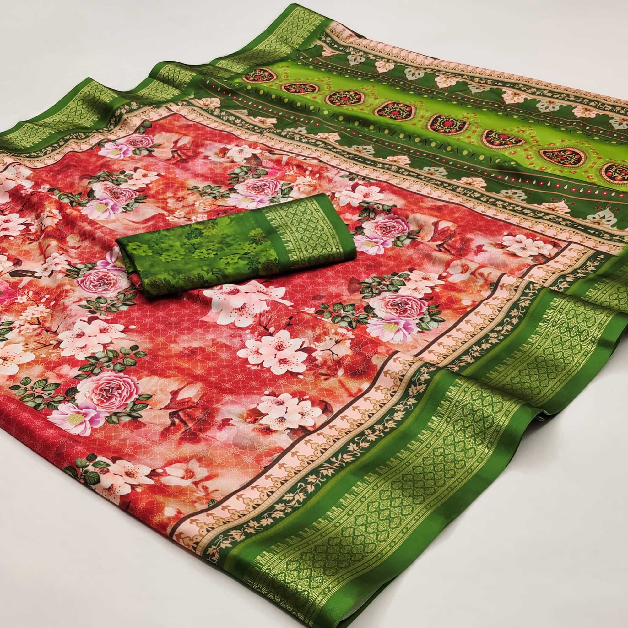 Red Floral Digital Printed Cotton Silk Saree With Woven Border