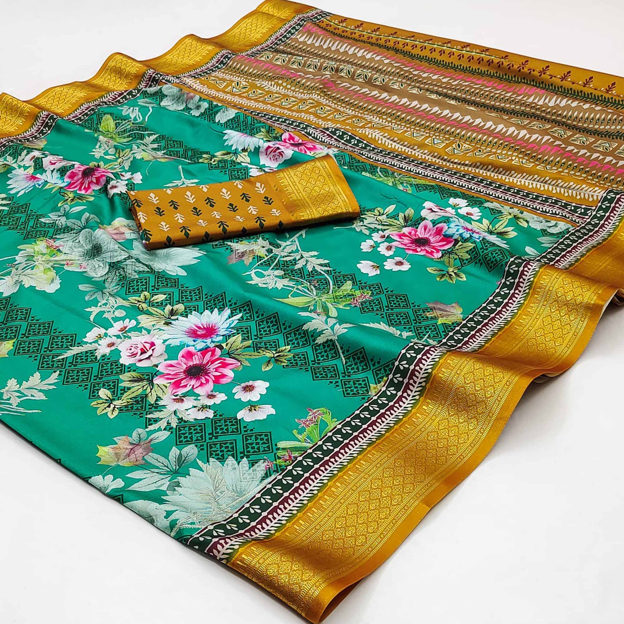 Sea Green Floral Digital Printed Cotton Silk Saree With Woven Border