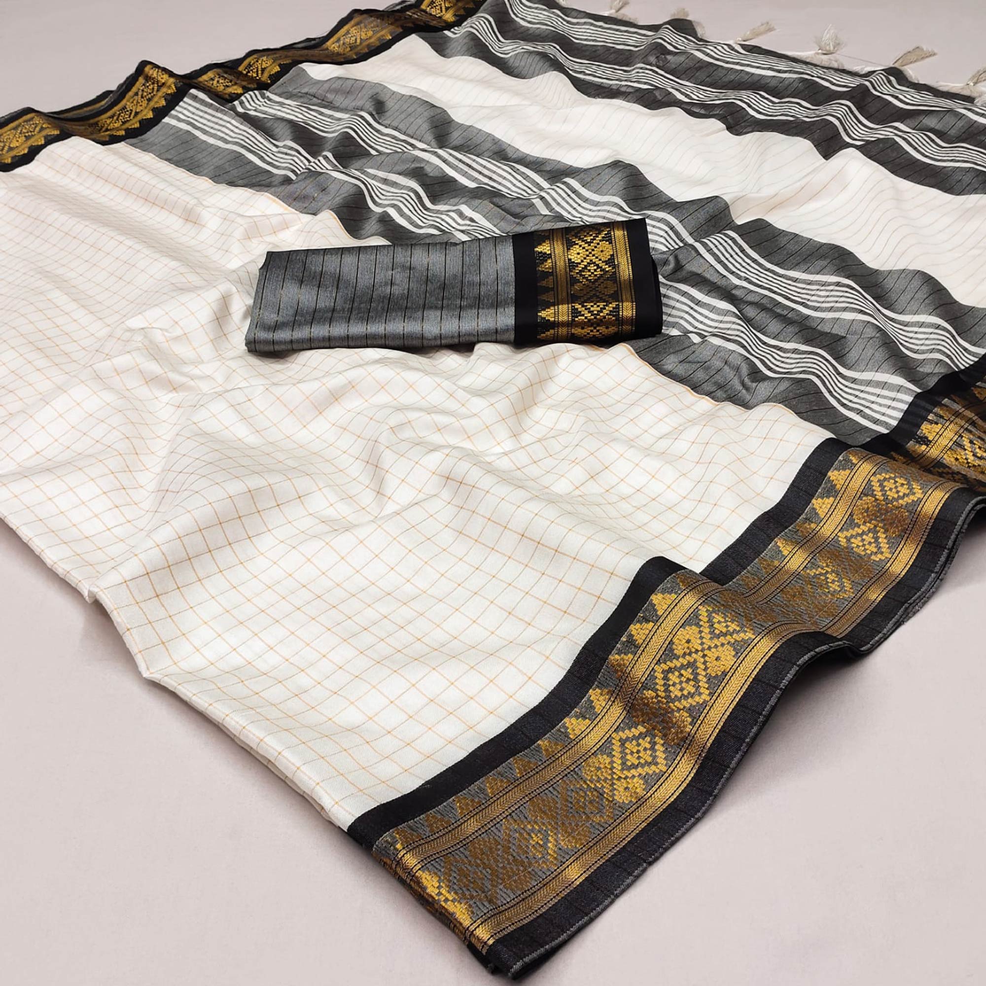 White & Black Checks With Woven Border Cotton Silk Saree