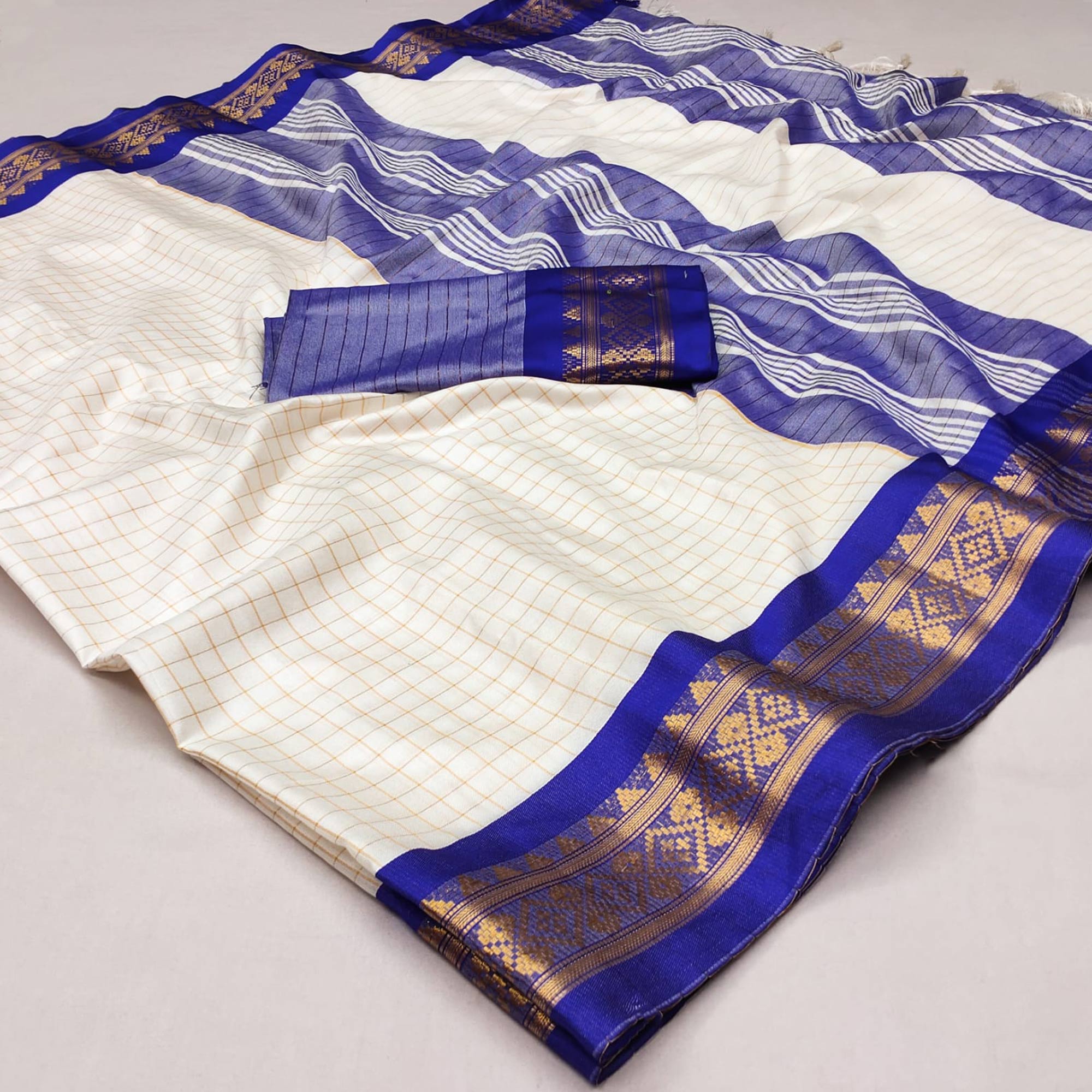 White & Blue Checks With Woven Border Cotton Silk Saree