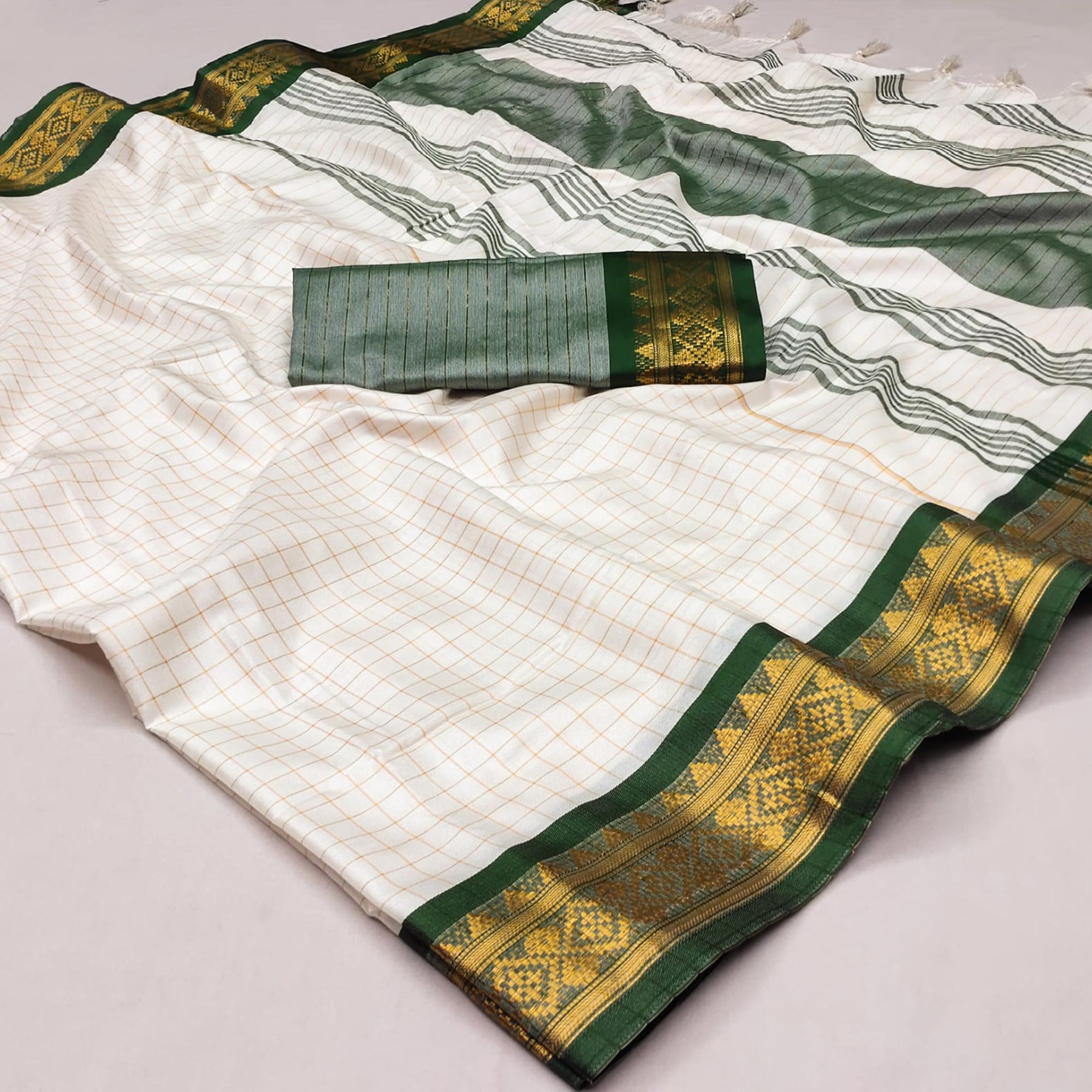 White & Green Checks With Woven Border Cotton Silk Saree