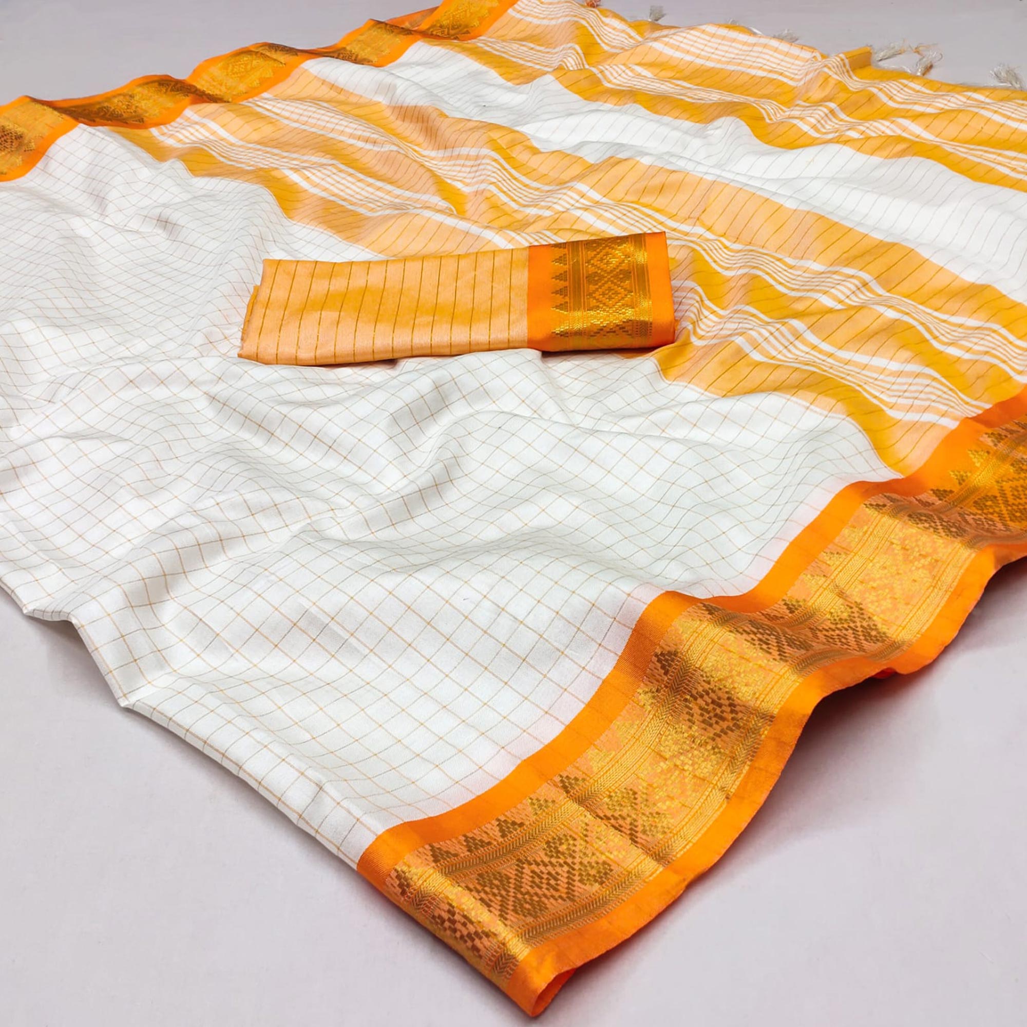 White & Orange Checks With Woven Border Cotton Silk Saree
