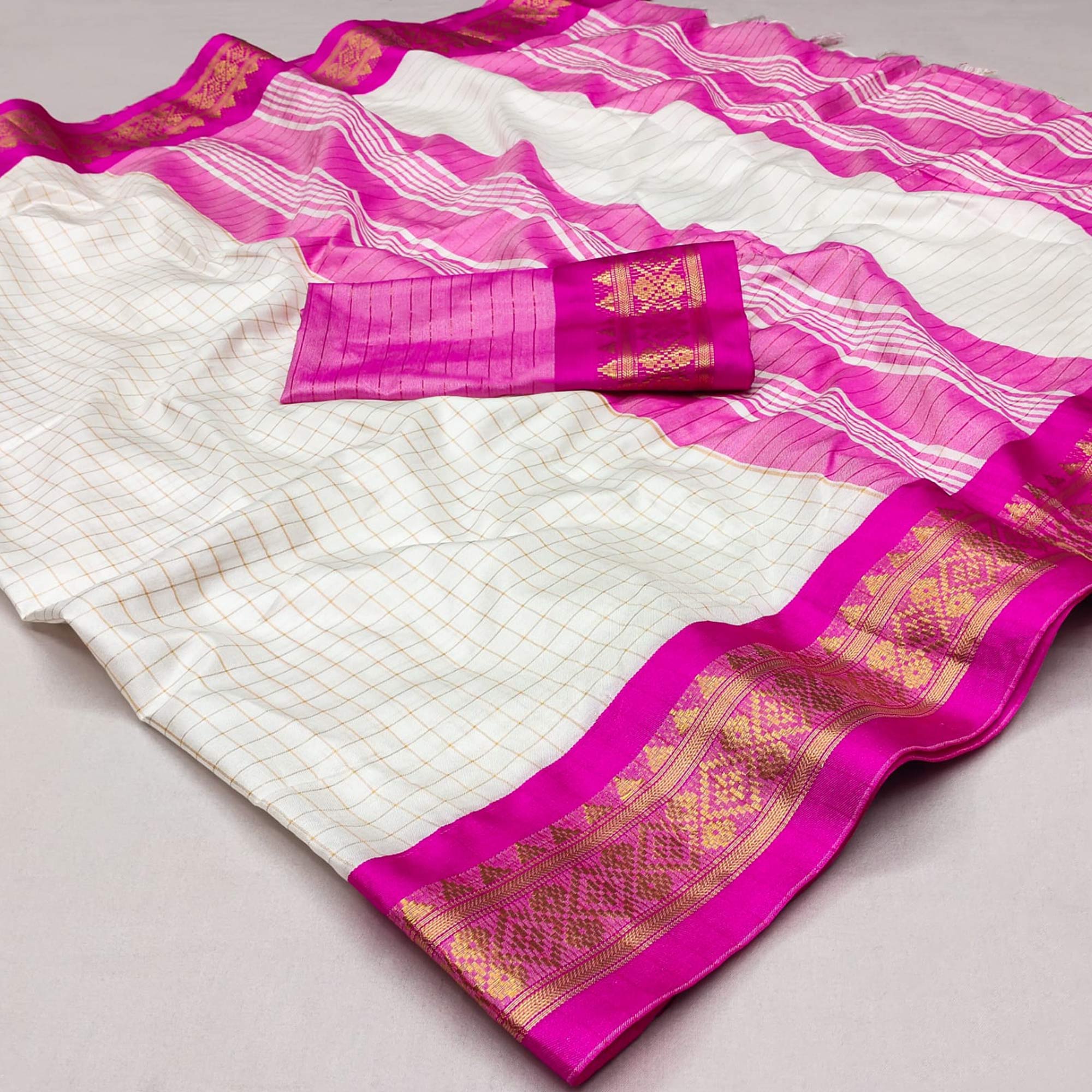 White & Pink Checks With Woven Border Cotton Silk Saree