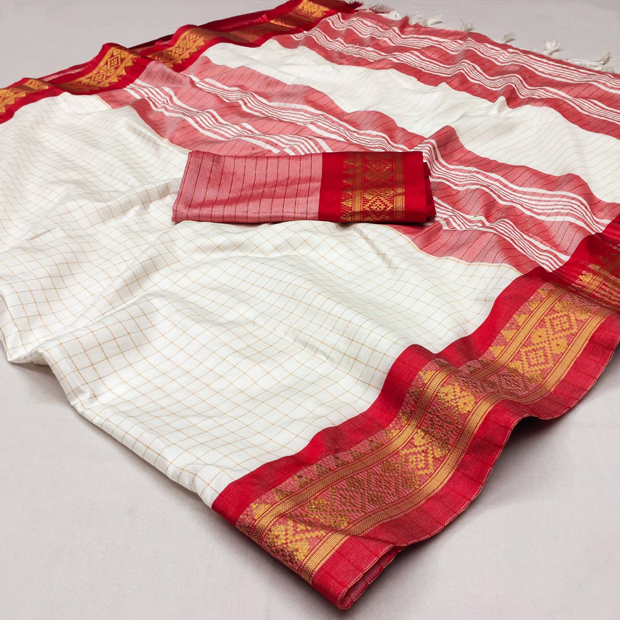 White & Red Checks With Woven Border Cotton Silk Saree