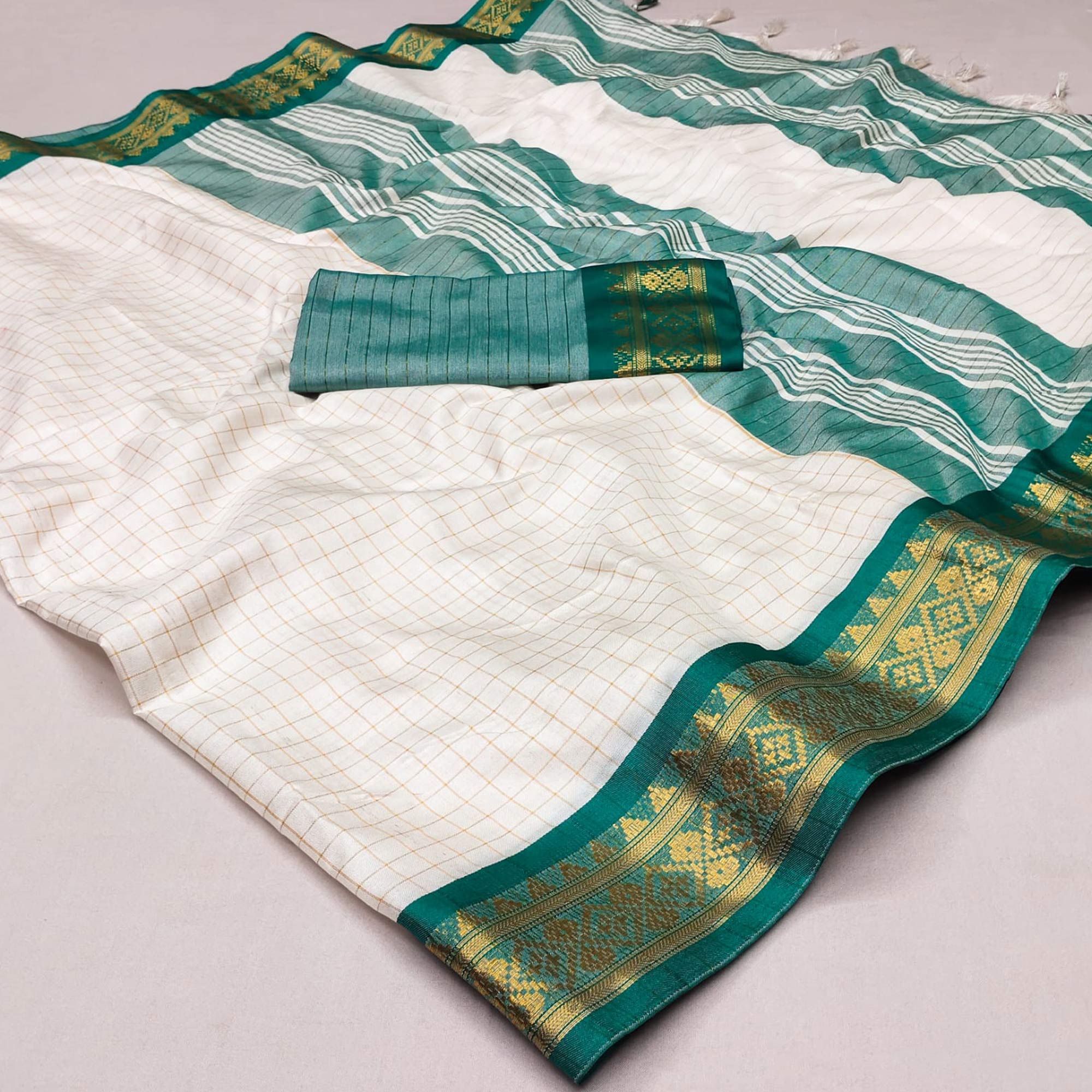 White & Rama Green Checks With Woven Border Cotton Silk Saree