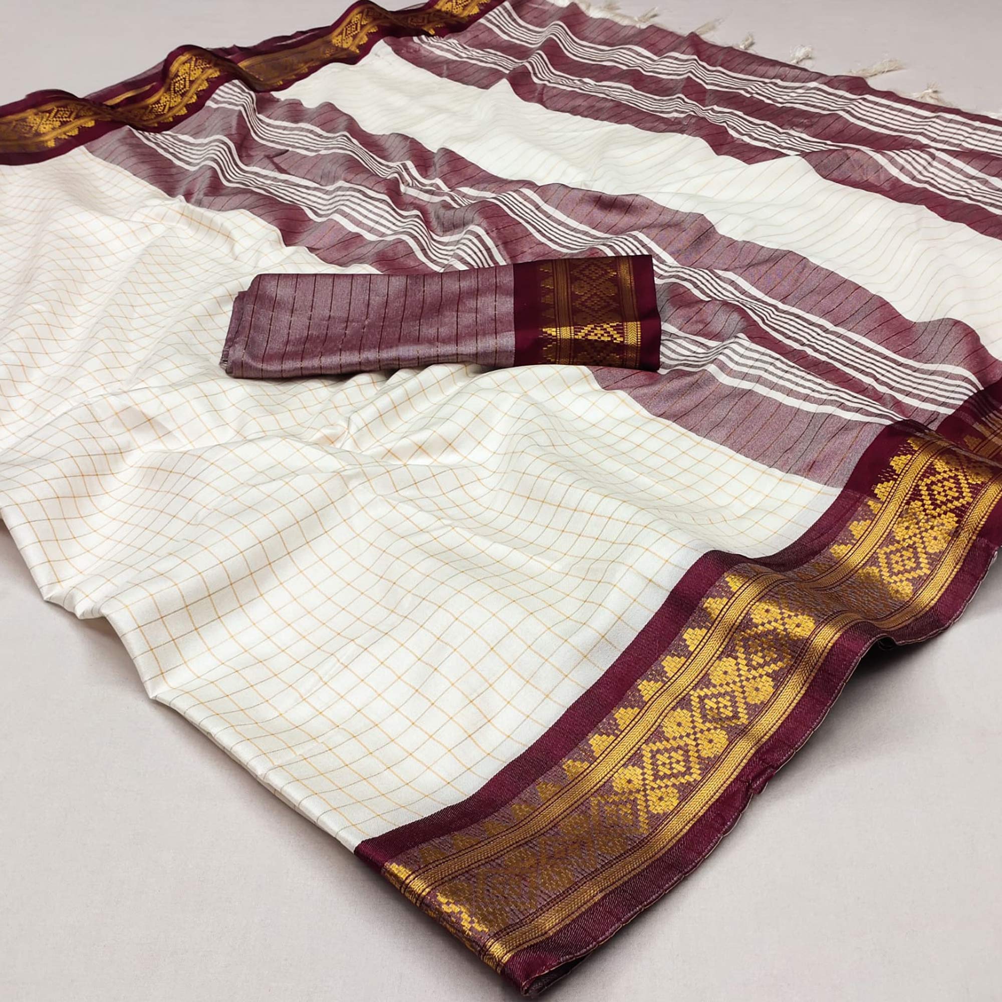White & Wine Checks With Woven Border Cotton Silk Saree