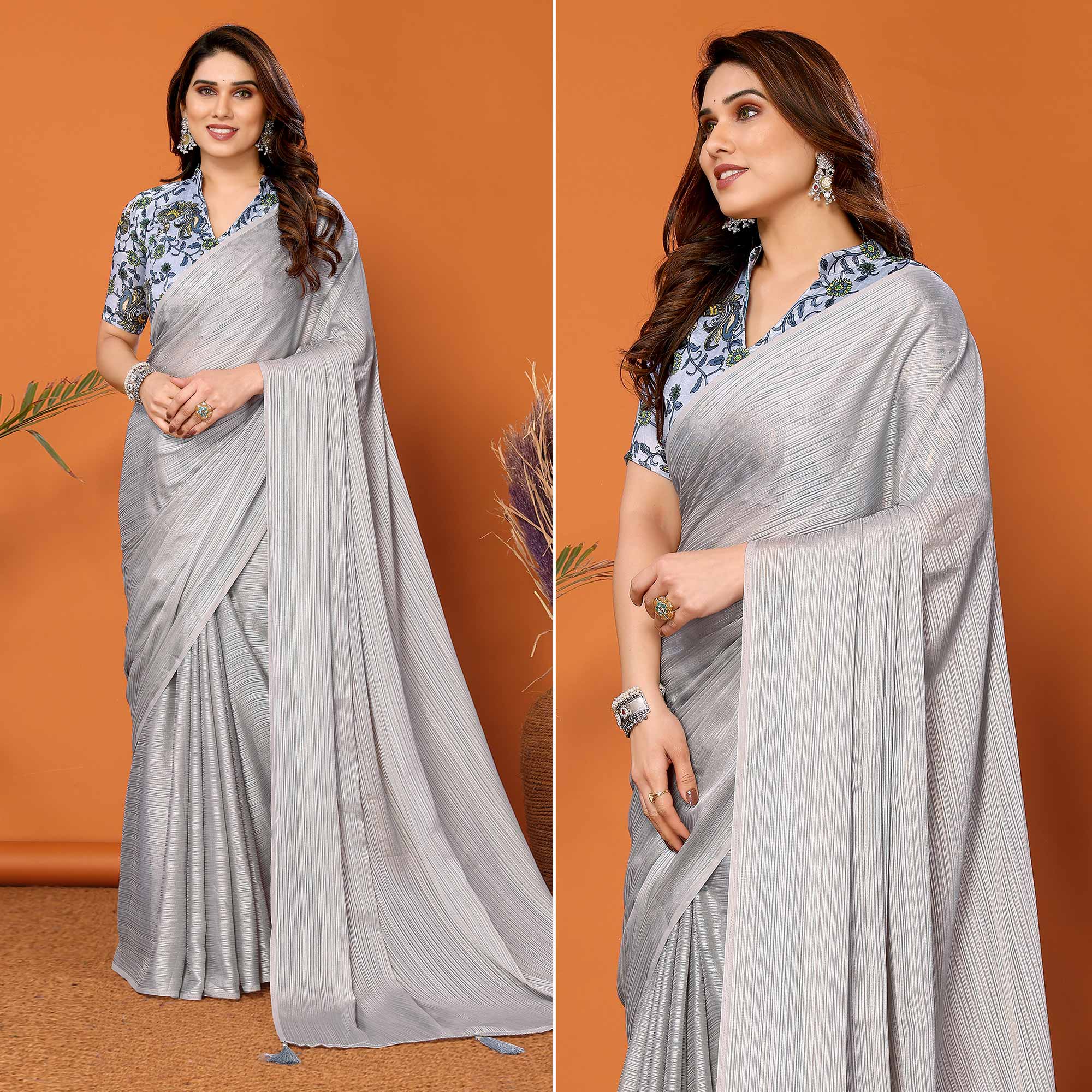 Grey Woven Satin Saree With Tassels