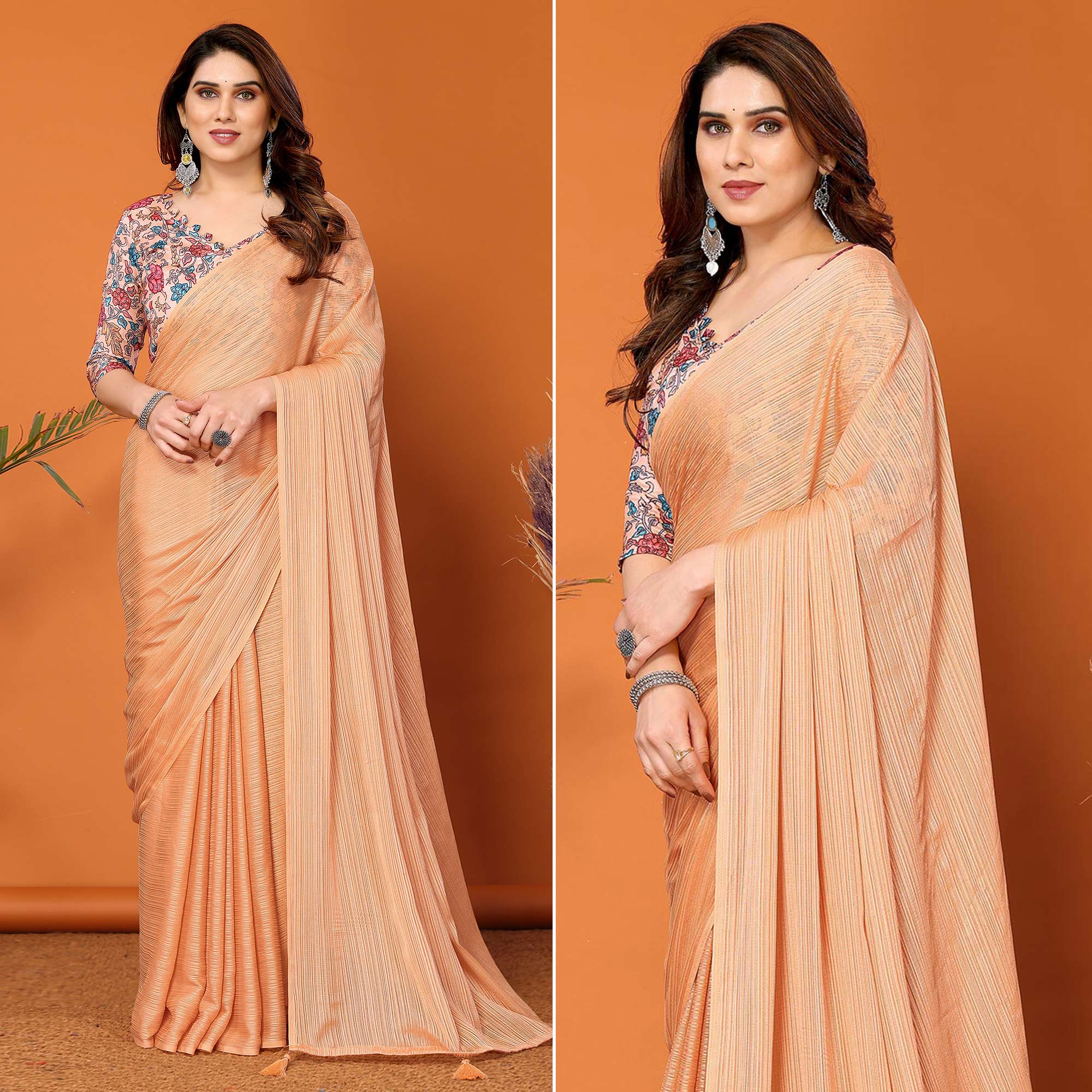 Light Orange Woven Satin Saree With Tassels