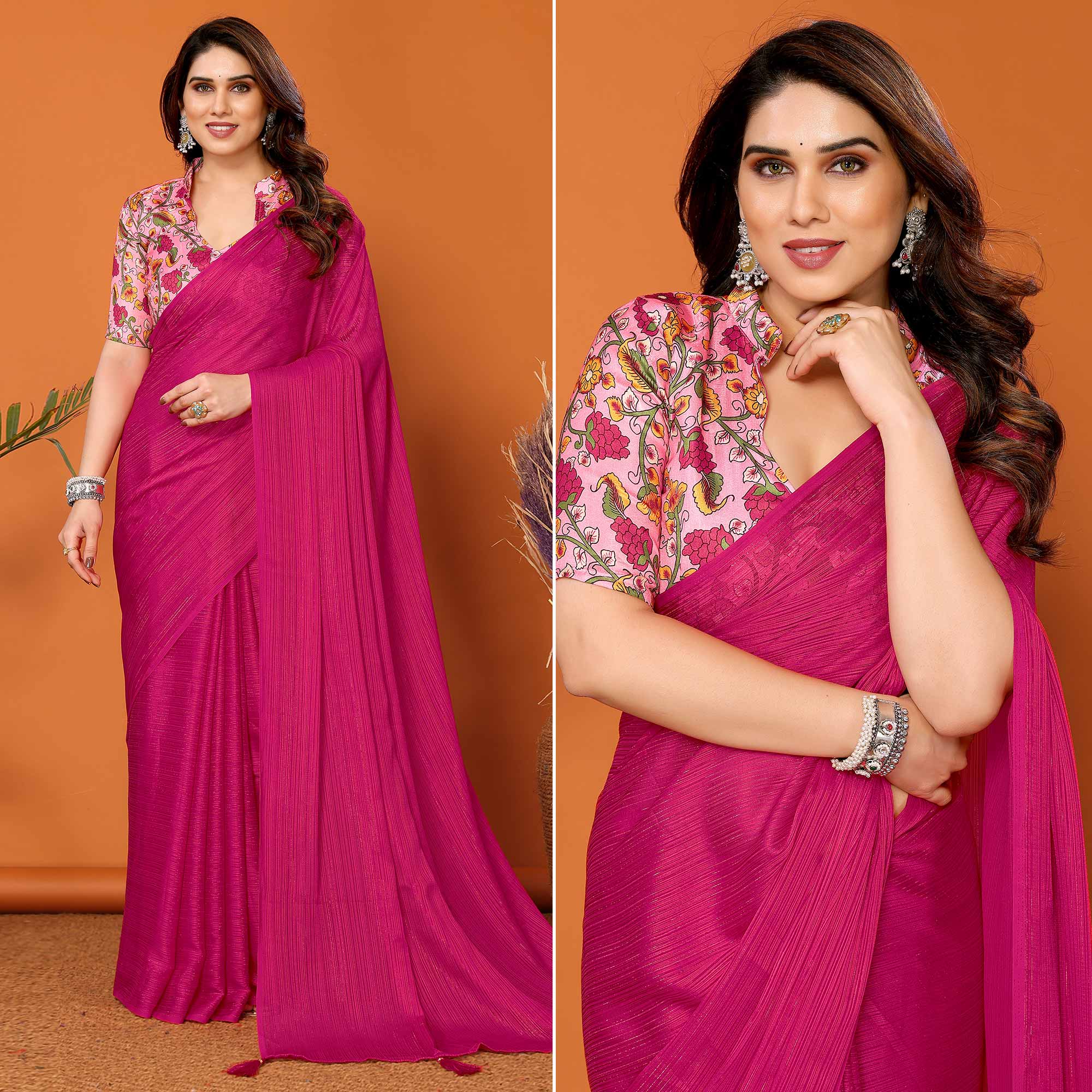 Magenta Woven Satin Saree With Tassels