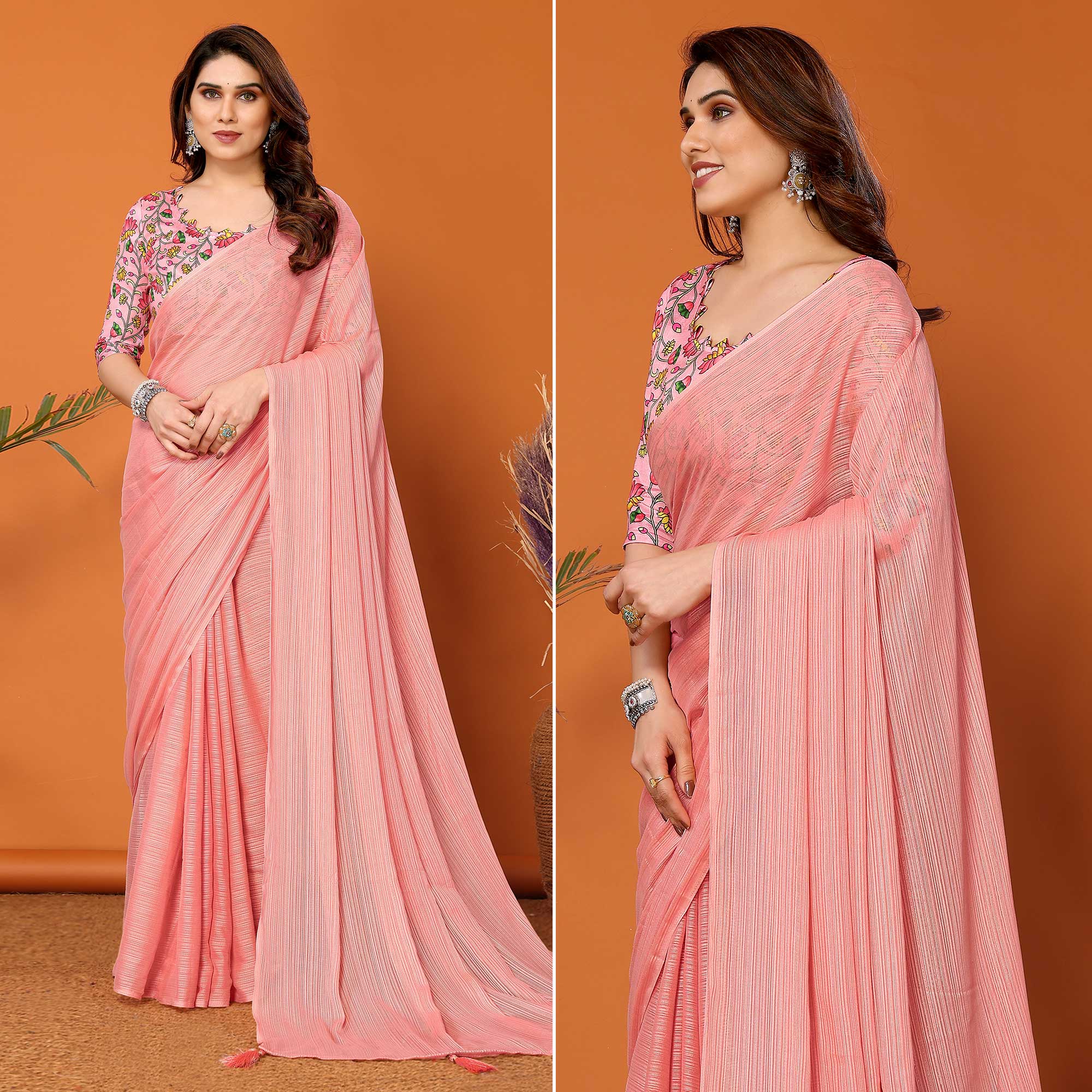 Peach Woven Satin Saree With Tassels