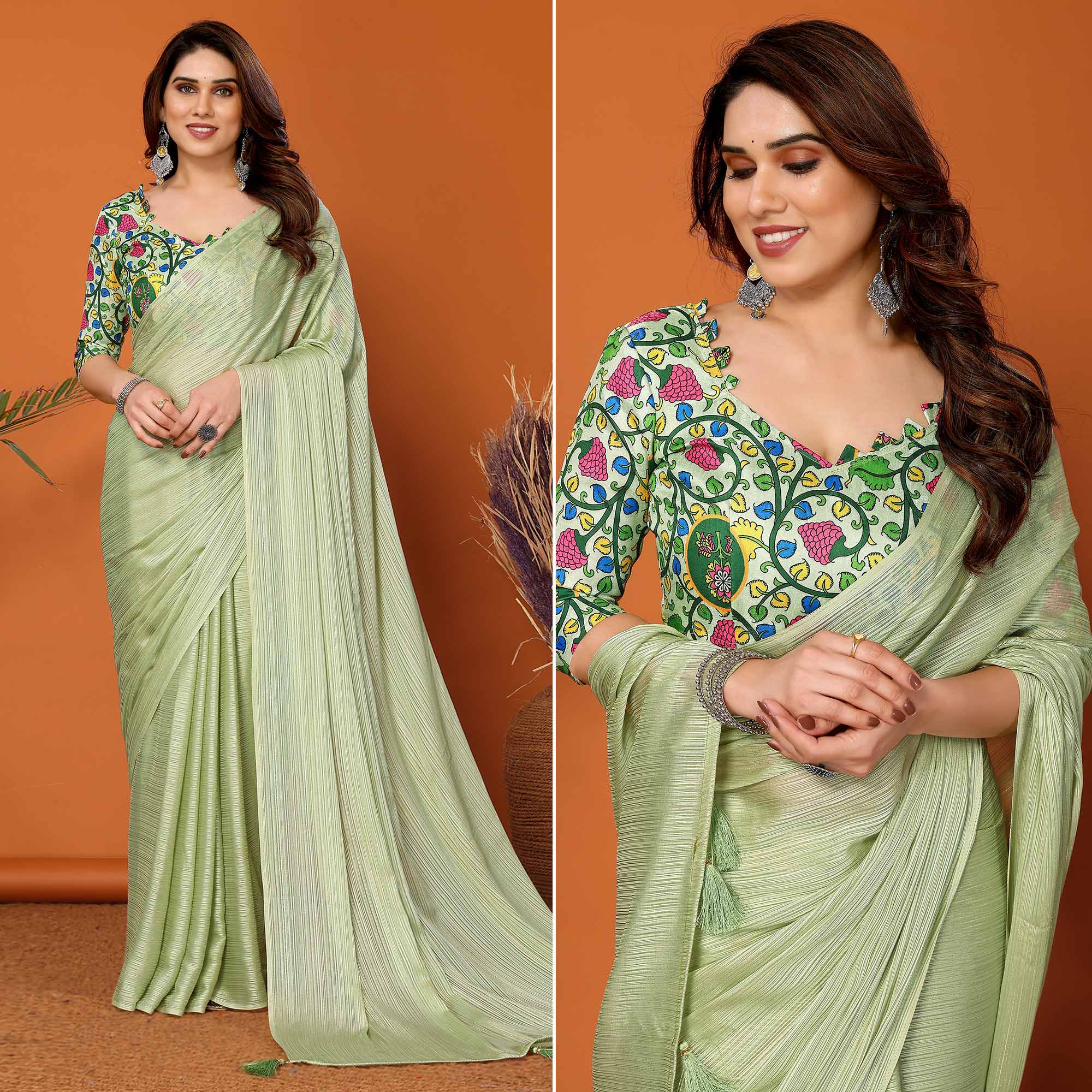 Pista Green Woven Satin Saree With Tassels