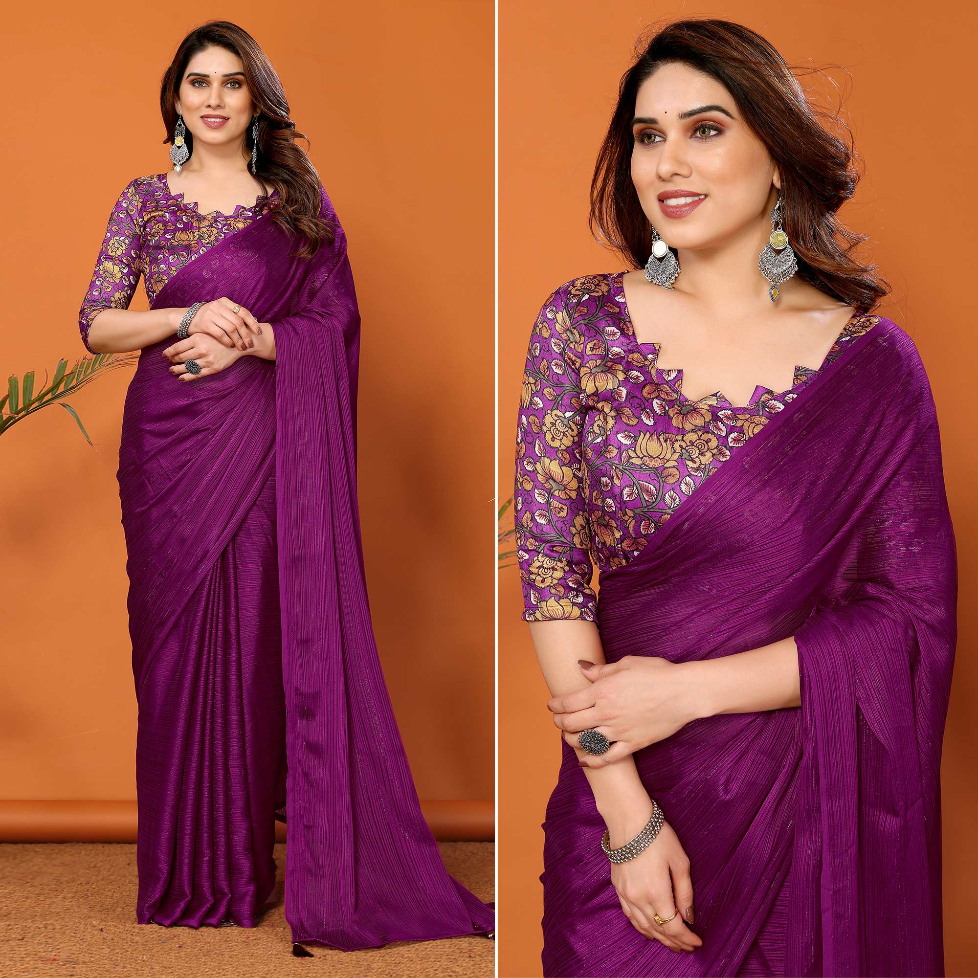 Purple Woven Satin Saree With Tassels