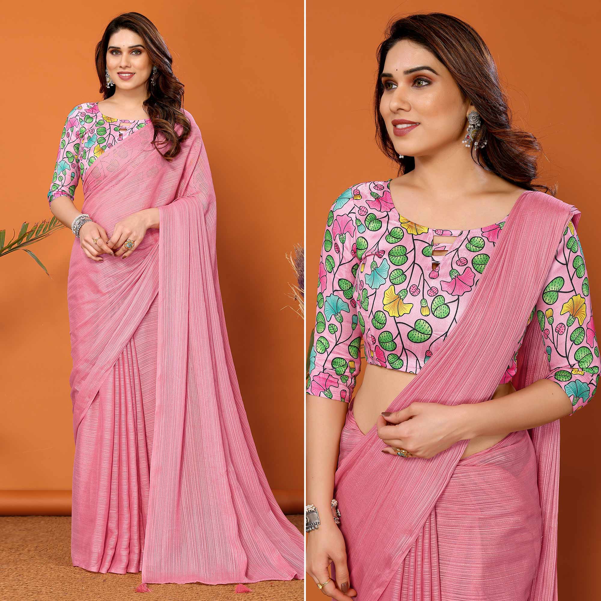 Rose Pink Woven Satin Saree With Tassels