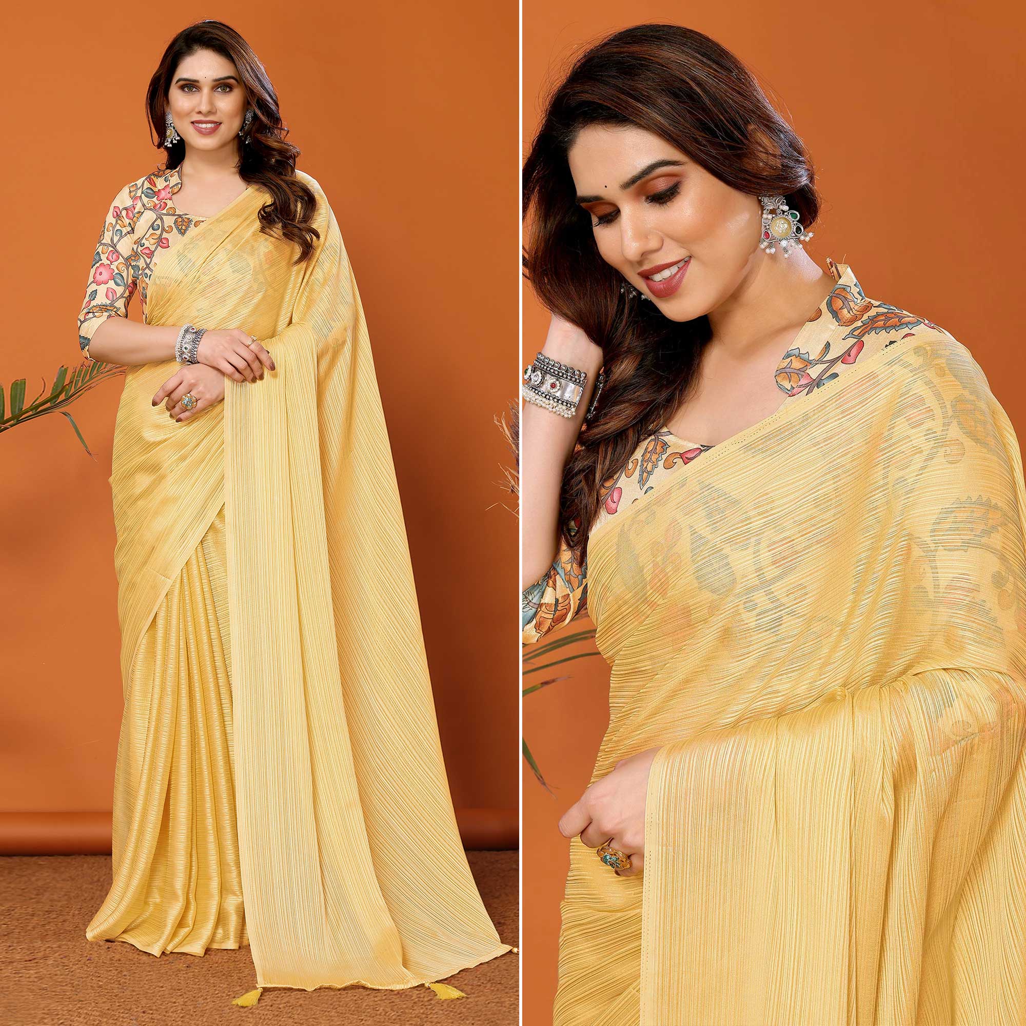 Yellow Woven Satin Saree With Tassels