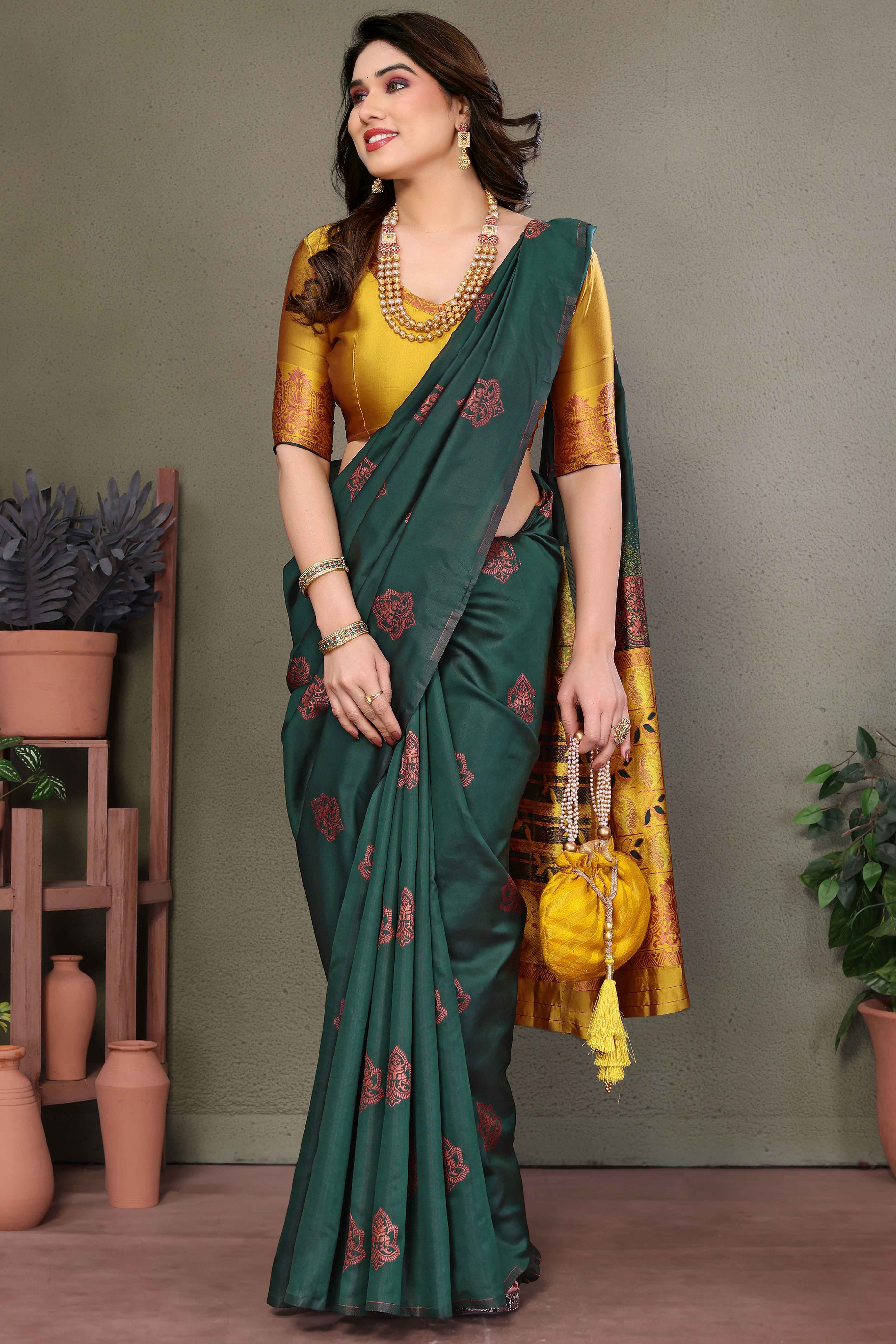 Green Floral Woven Banarasi Silk Saree