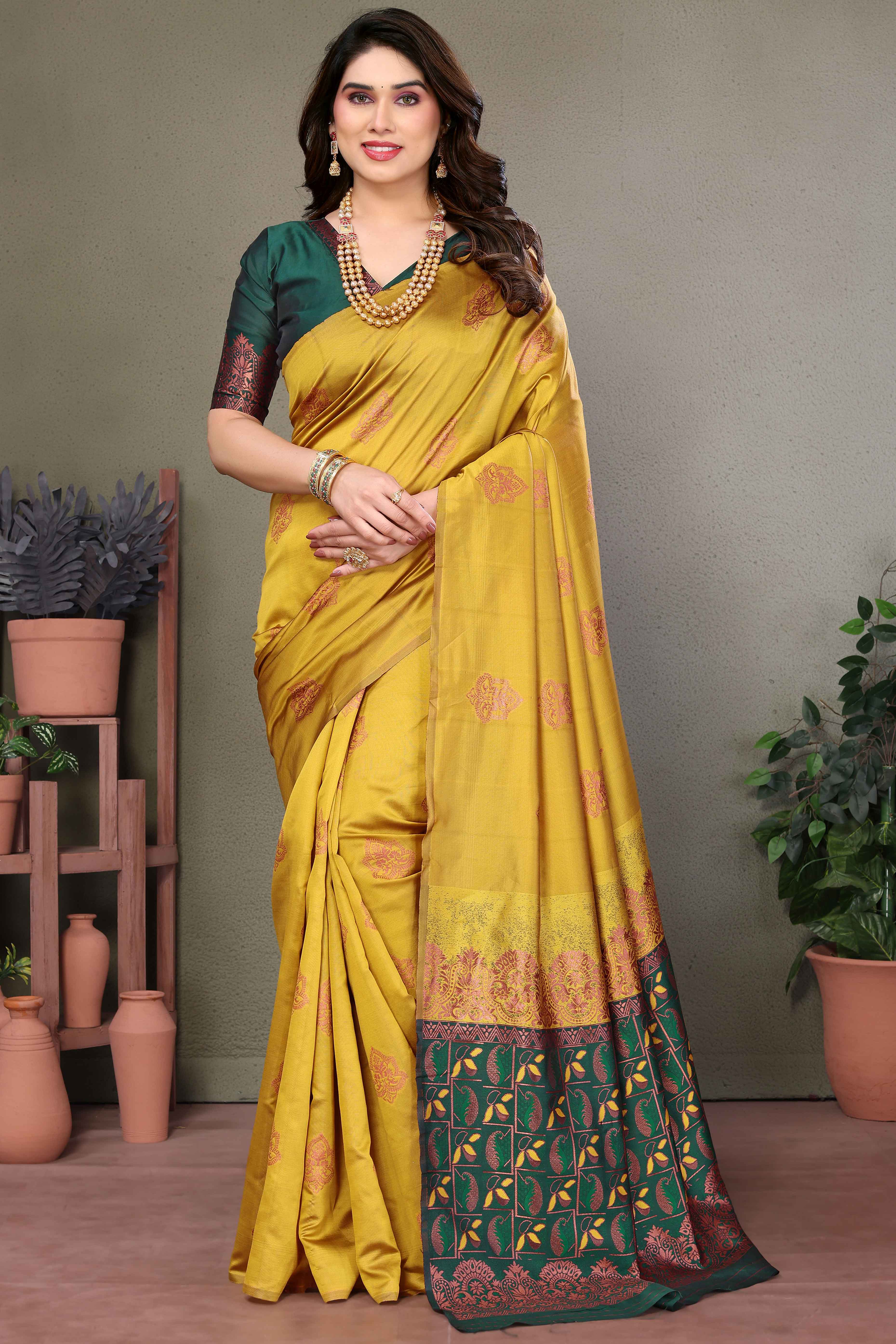 Mustard Floral Woven Banarasi Silk Saree