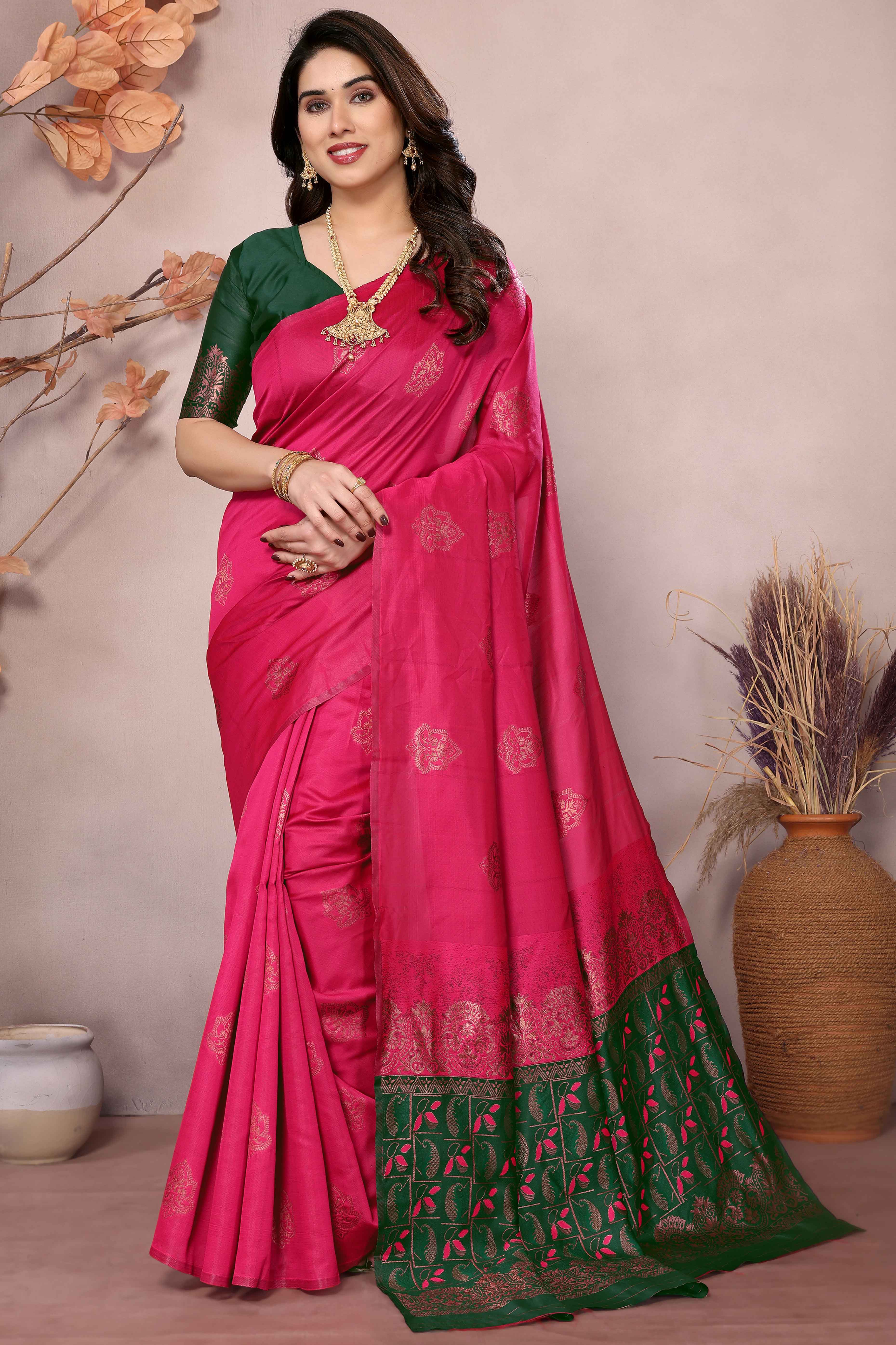 Pink Floral Woven Banarasi Silk Saree