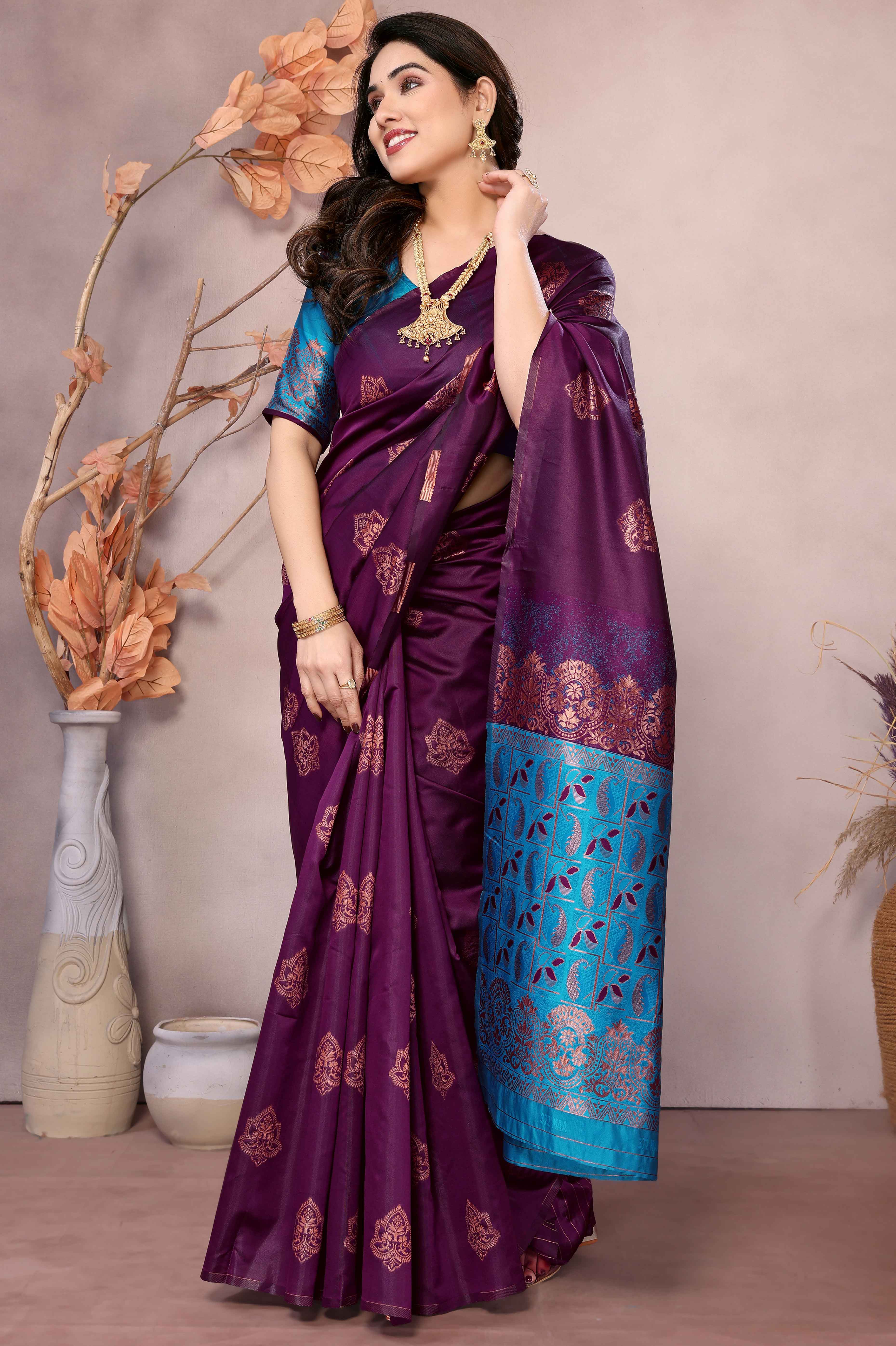 Purple Floral Woven Banarasi Silk Saree