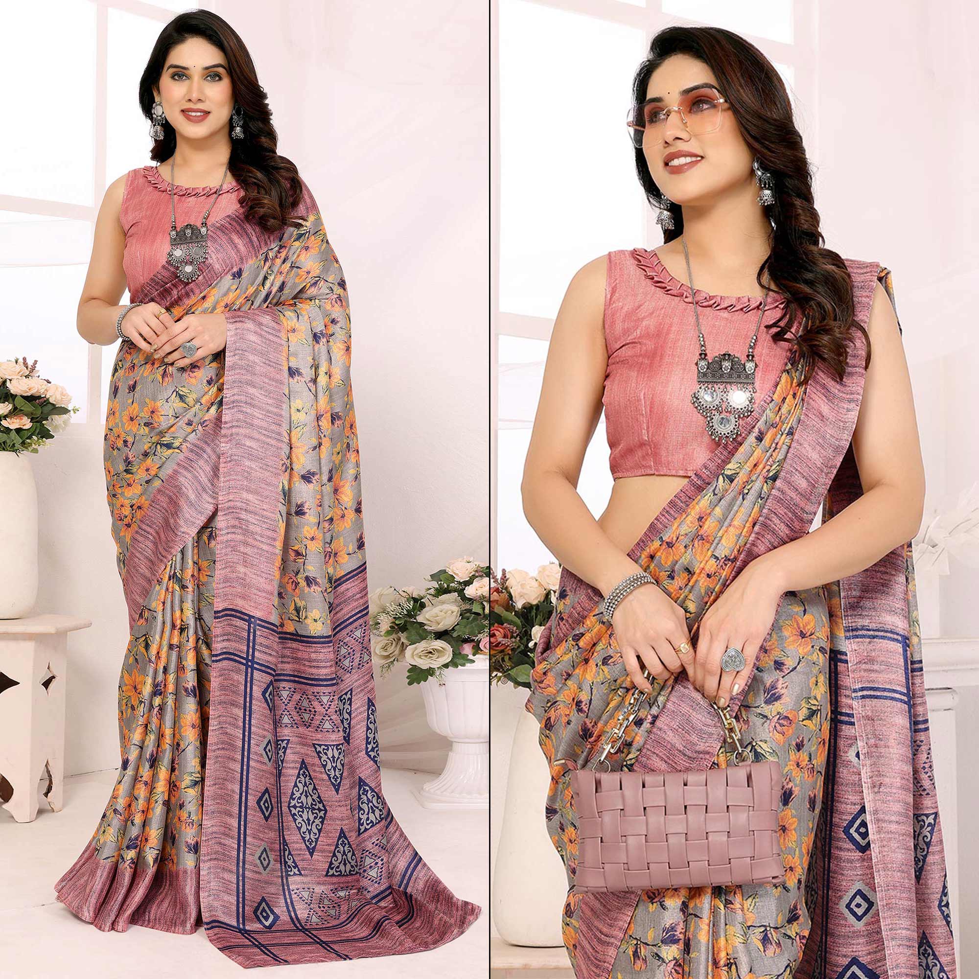 Pink Floral Printed Khadi Saree
