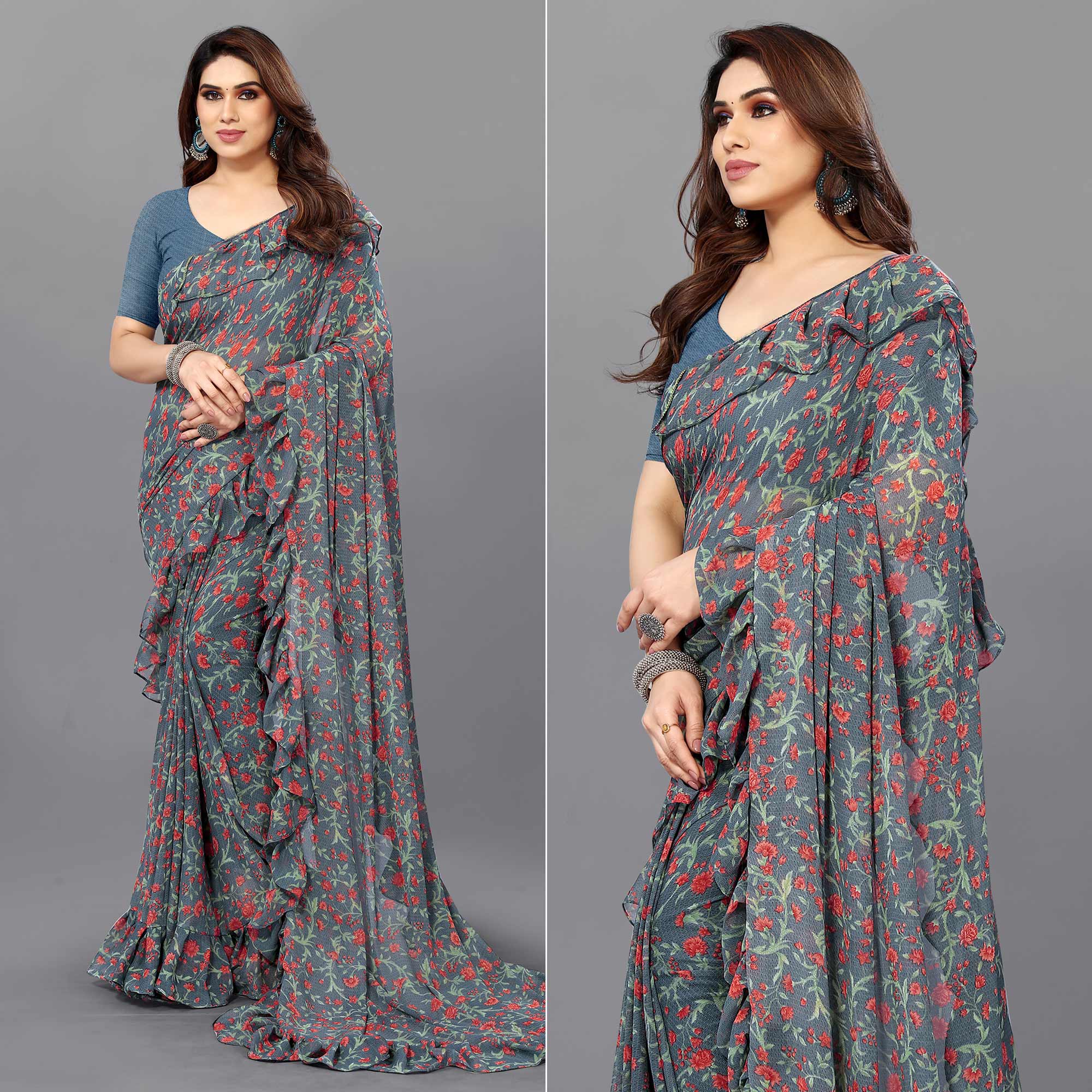 Grey Floral Printed Georgette Saree