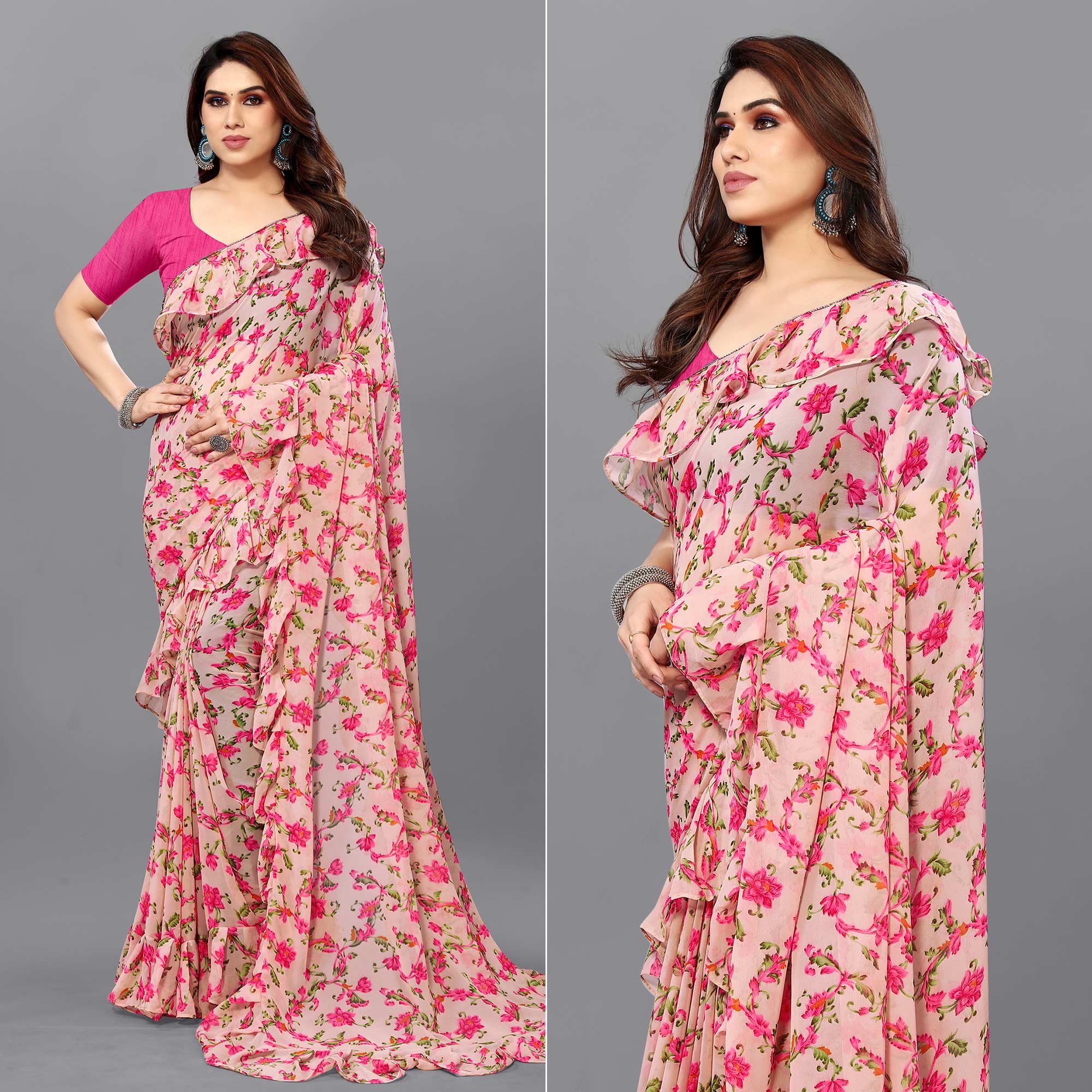 Peach Floral Printed Georgette Saree