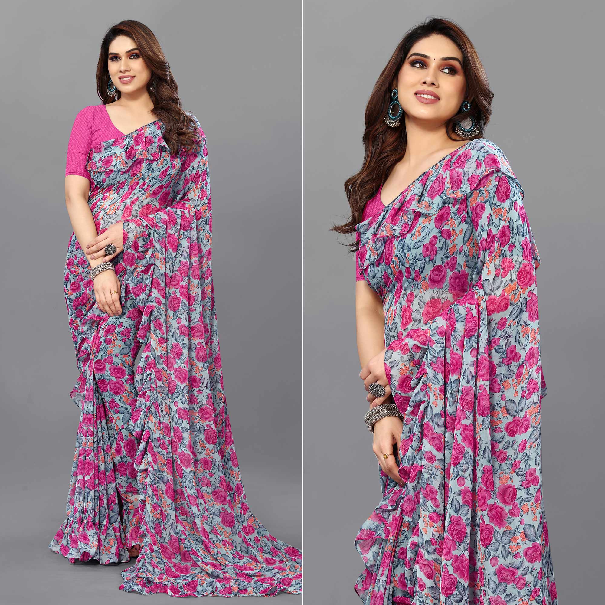 Turquoise Floral Printed Georgette Saree