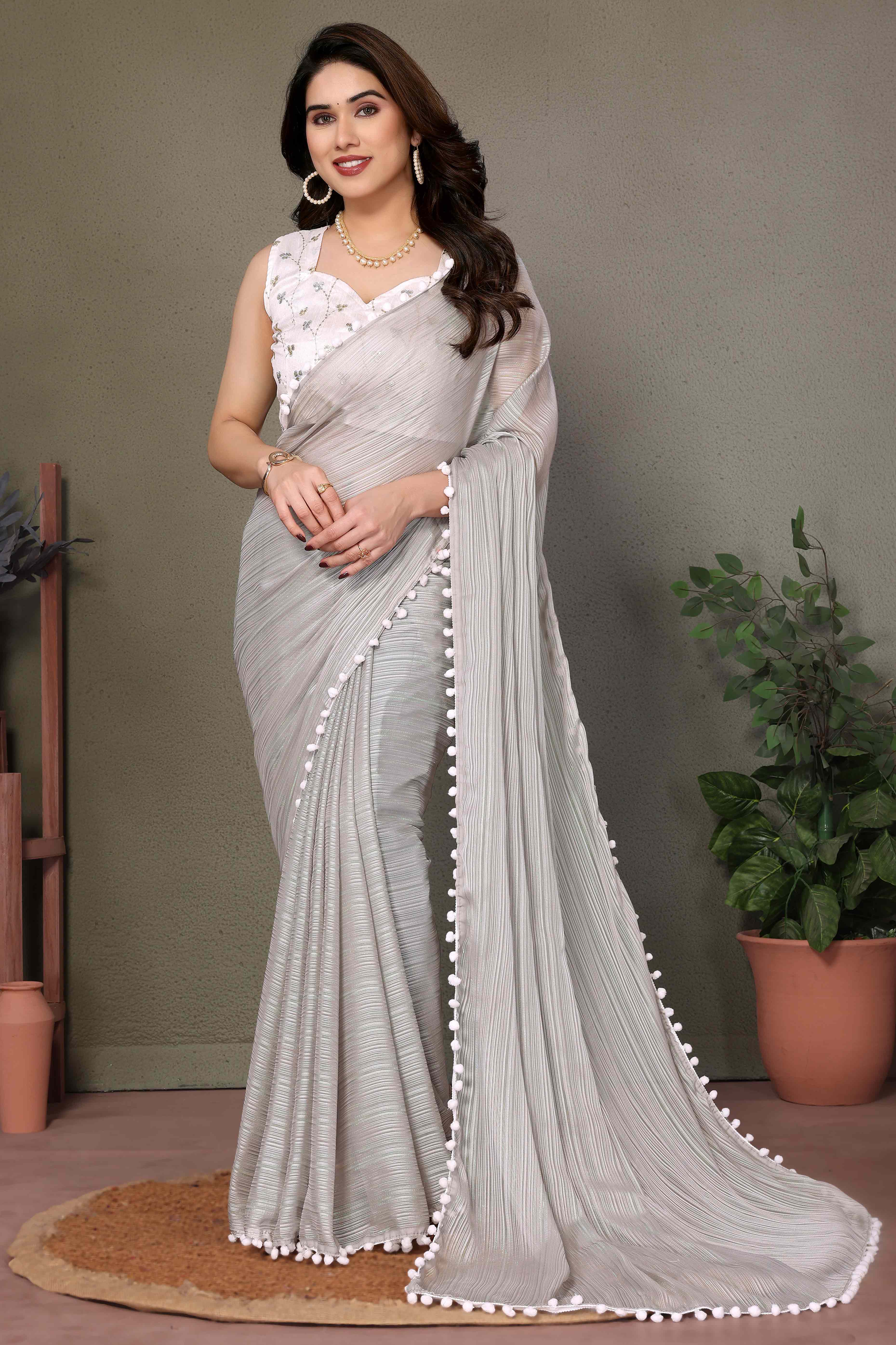 Grey Zari Woven Satin Saree With Pompom Border