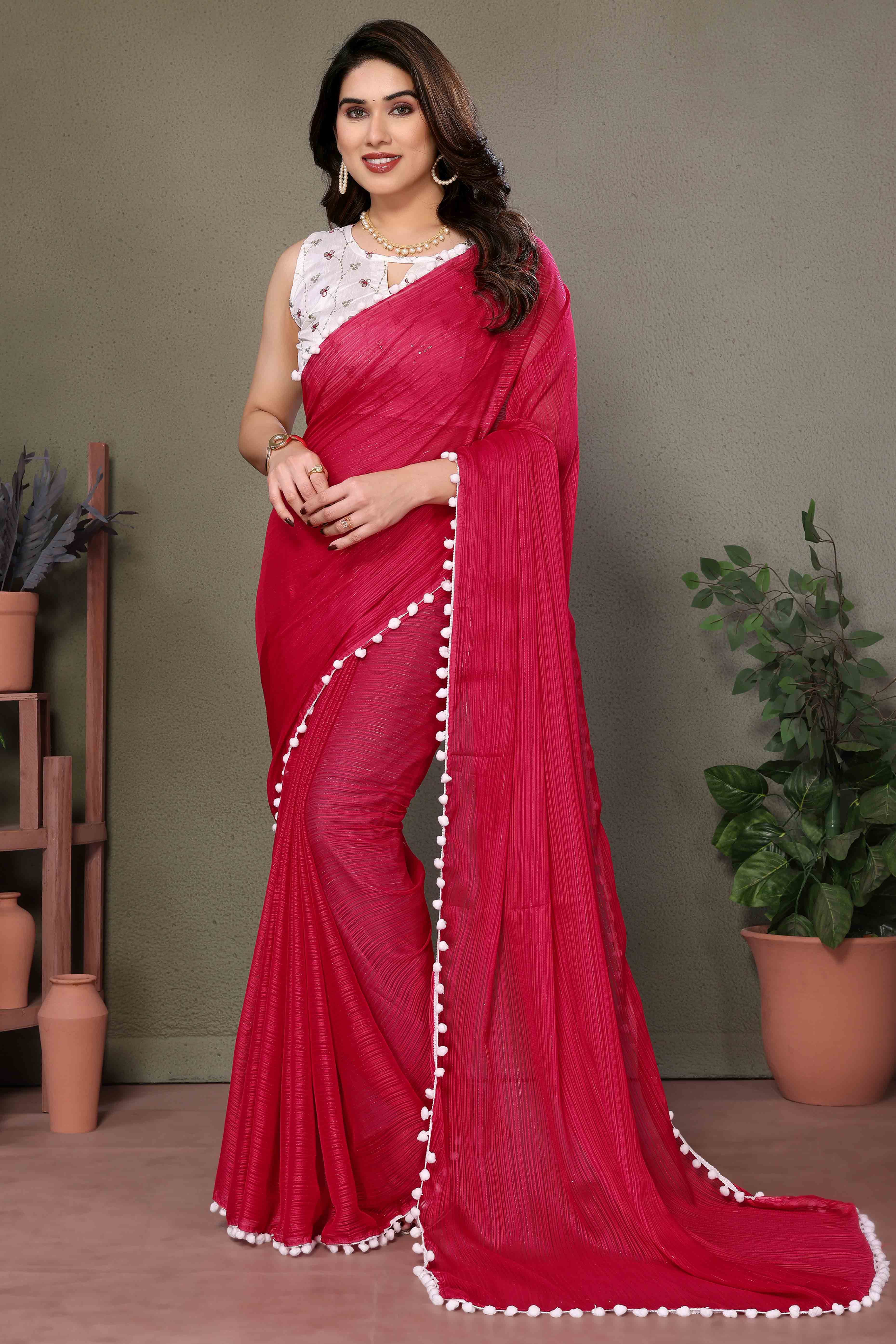 Pink Zari Woven Satin Saree With Pumpum Border