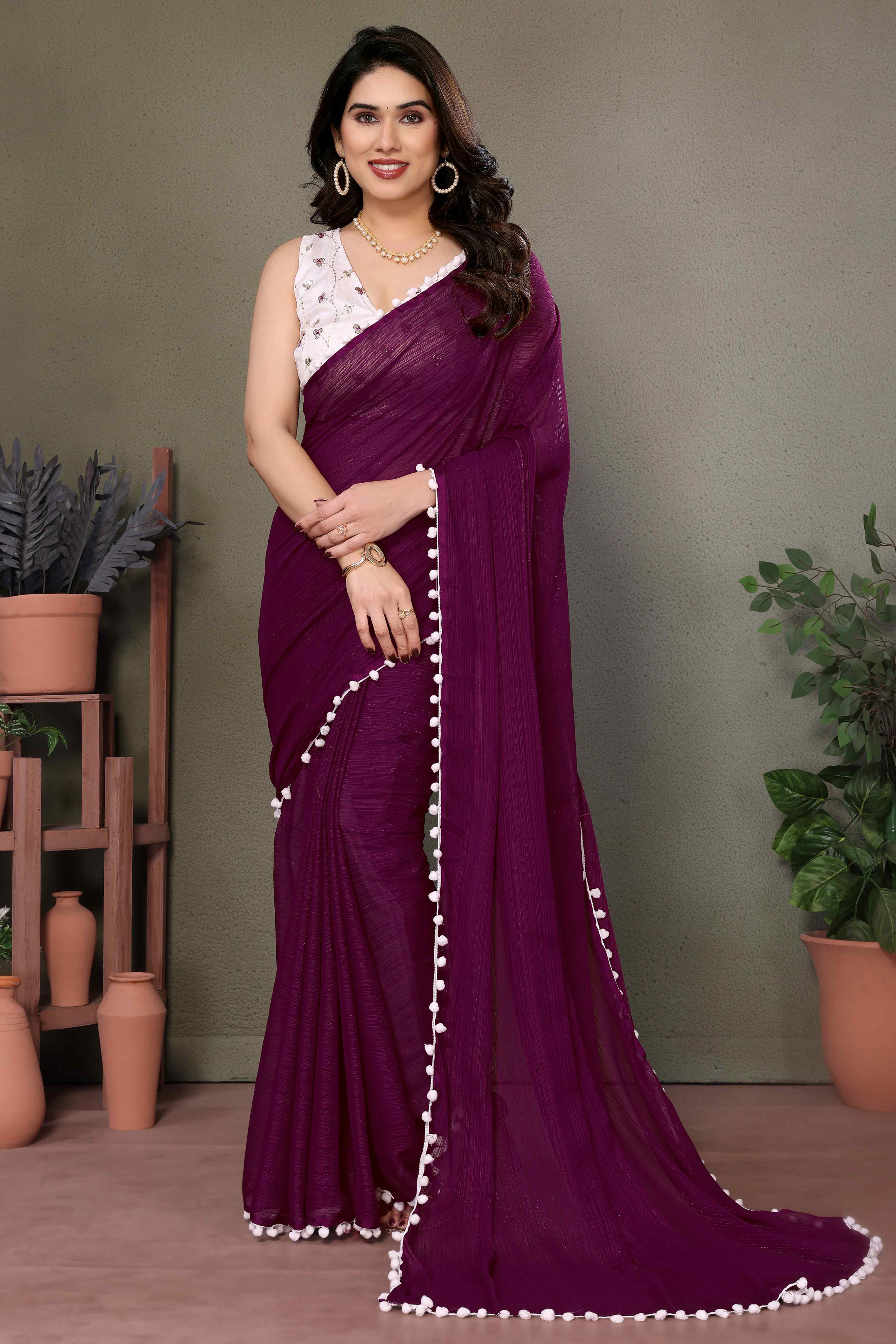 Purple Zari Woven Satin Saree With Pompom Border